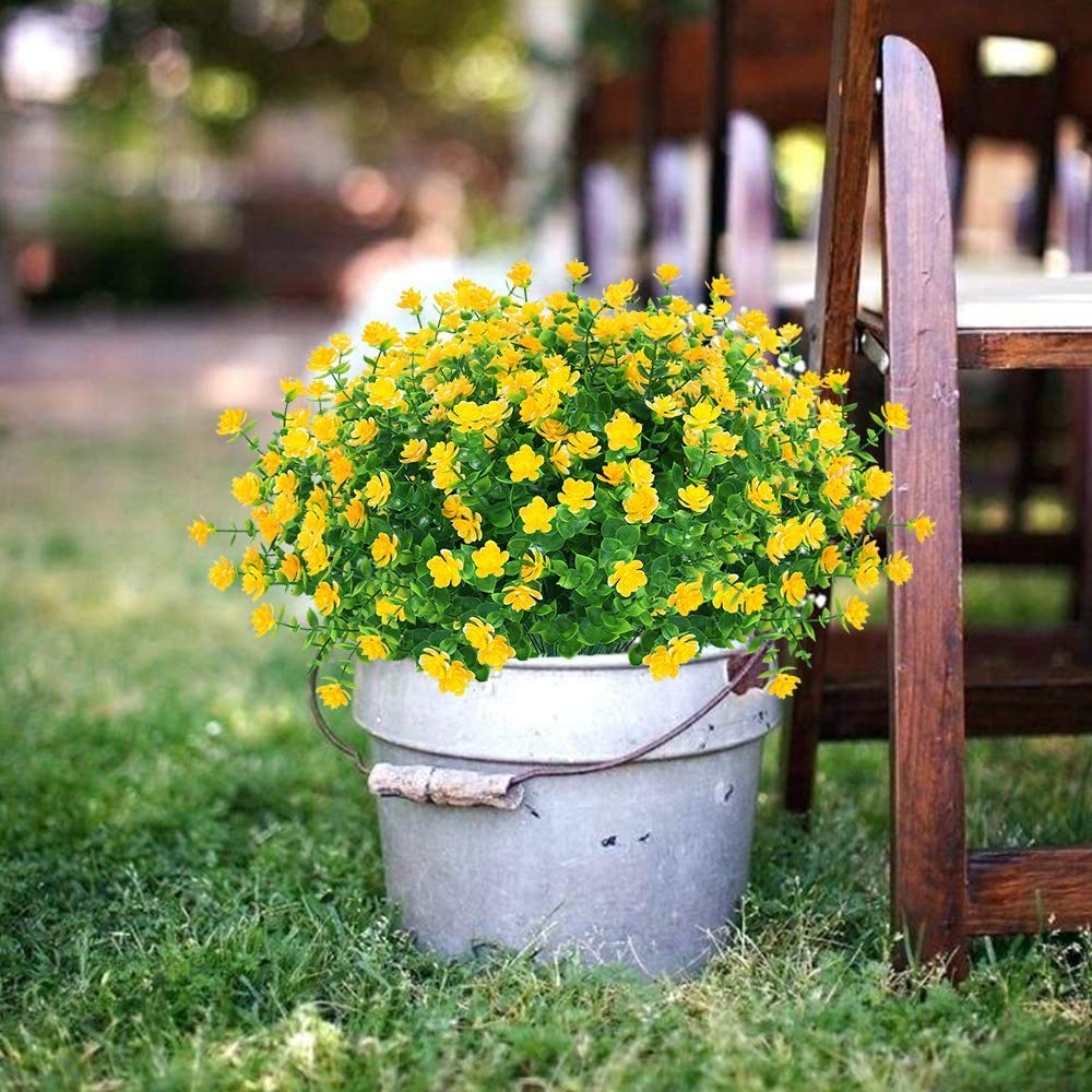 8 Bundles UV Resistant Artificial Flowers for Outdoor & Indoor - Fake Plastic Plants, Faux Greenery Shrubs for Hanging Planters - Home, Kitchen, Office, Wedding & Garden Décor (Yellow, 8pcs) - Perfect for Patio, Balcony & Table Centerpieces
