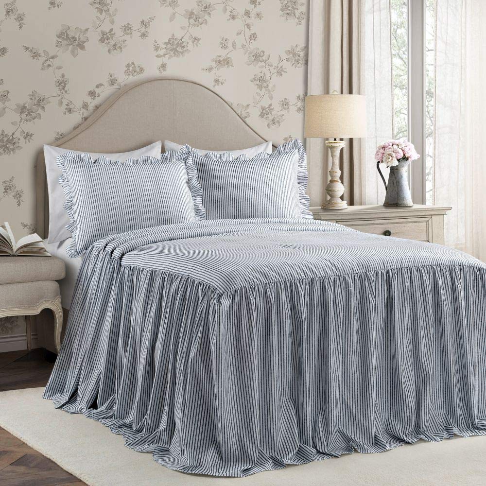 3 Piece French Country Navy Blue Ticking Stripe Ruffled Bedspread Set - Full Size Pinstripe Printed Shabby Chic Farmhouse Bedding with All-Season Ruffled Edges | Classic Stylish Design for Guest Rooms, Master Bedrooms & Cozy Farmhouse Decor