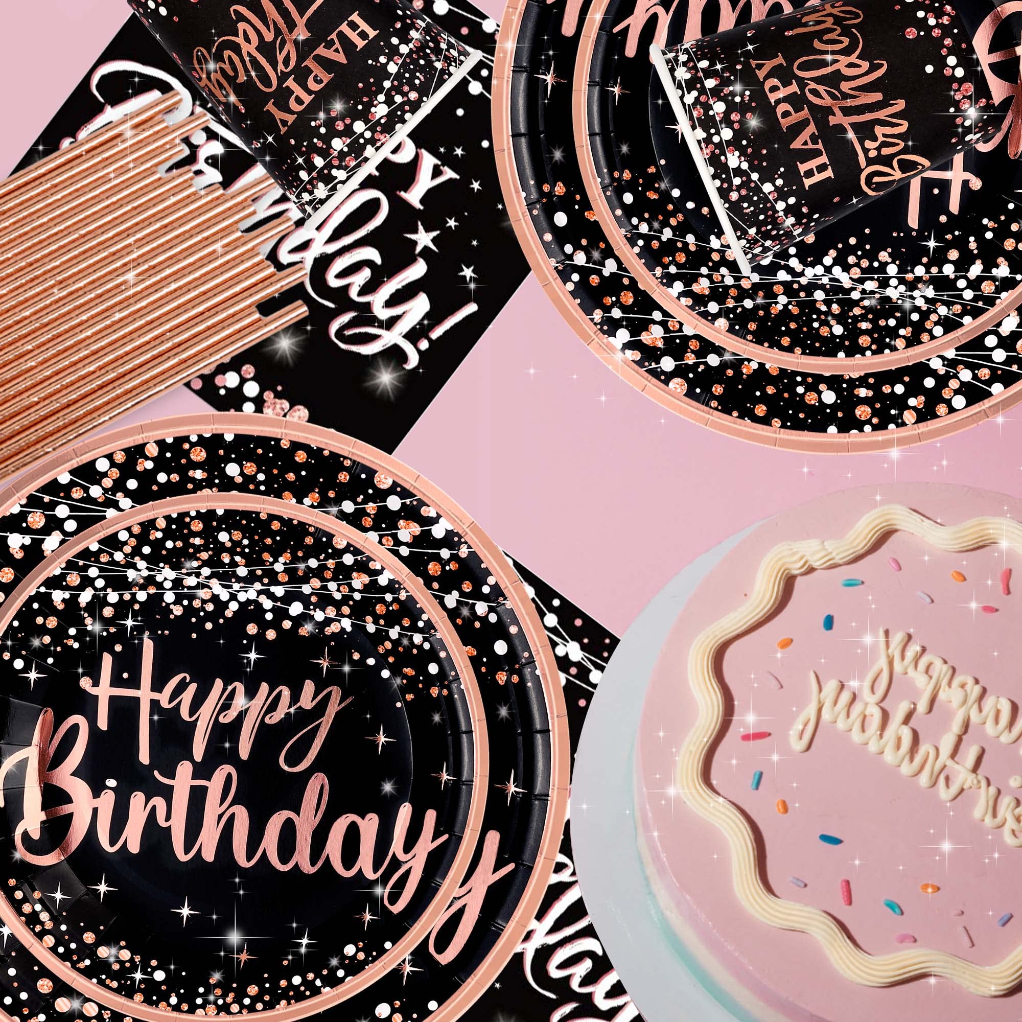 Rose Gold Happy Birthday Party Decorations for Women - 121pcs Disposable Tableware Set (Plates, Napkins, Cups, Straws, Tablecloth) for 24 Guests - Perfect for Birthday Parties, Bridal Showers & Special Celebrations