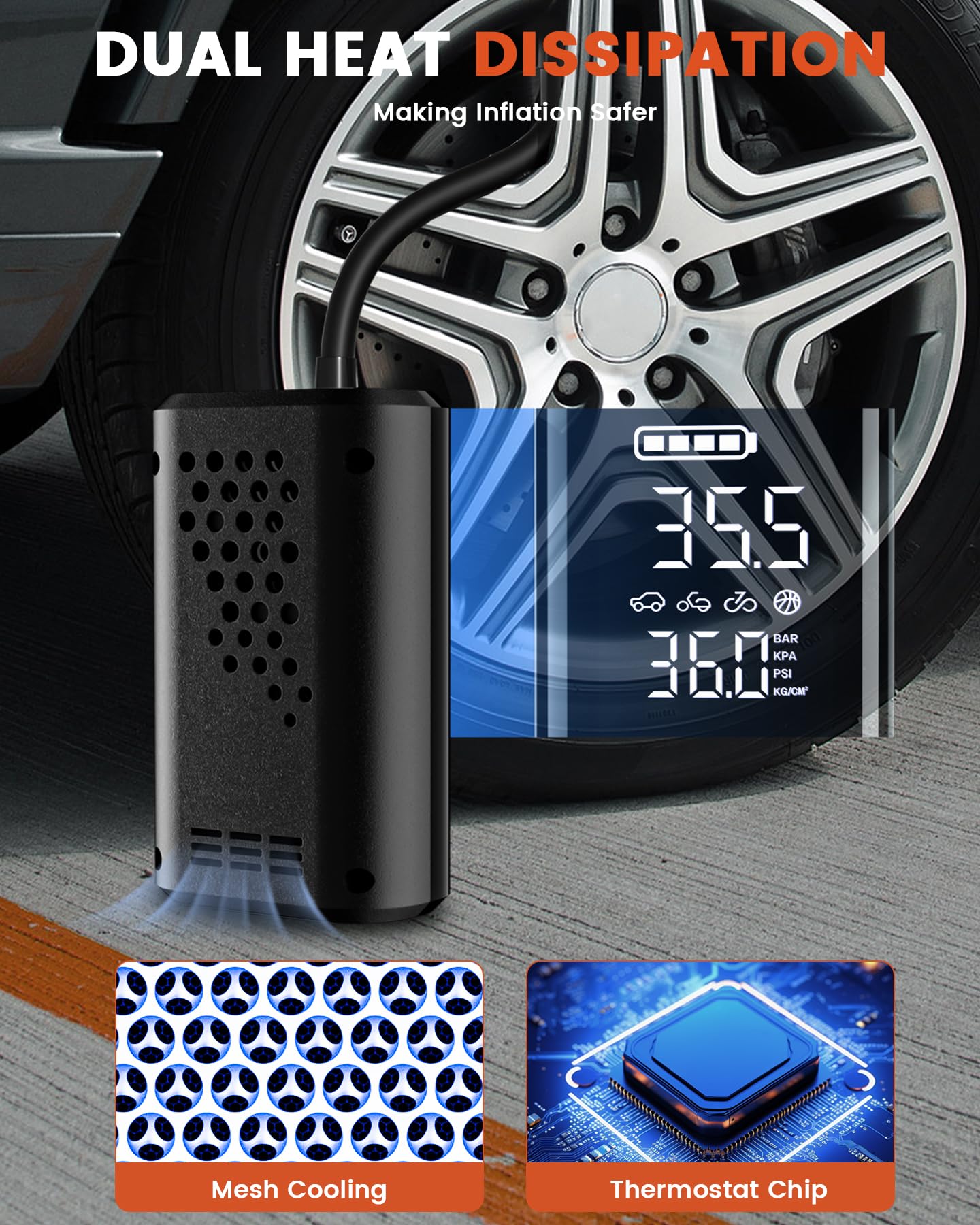 Portable Cordless Tire Inflator Air Compressor - 150PSI Smart Air Pump with Digital Pressure Gauge for Car, Bike, Motorcycle Tires (12V DC) | Emergency Roadside Use & Home Garage Inflation Tool