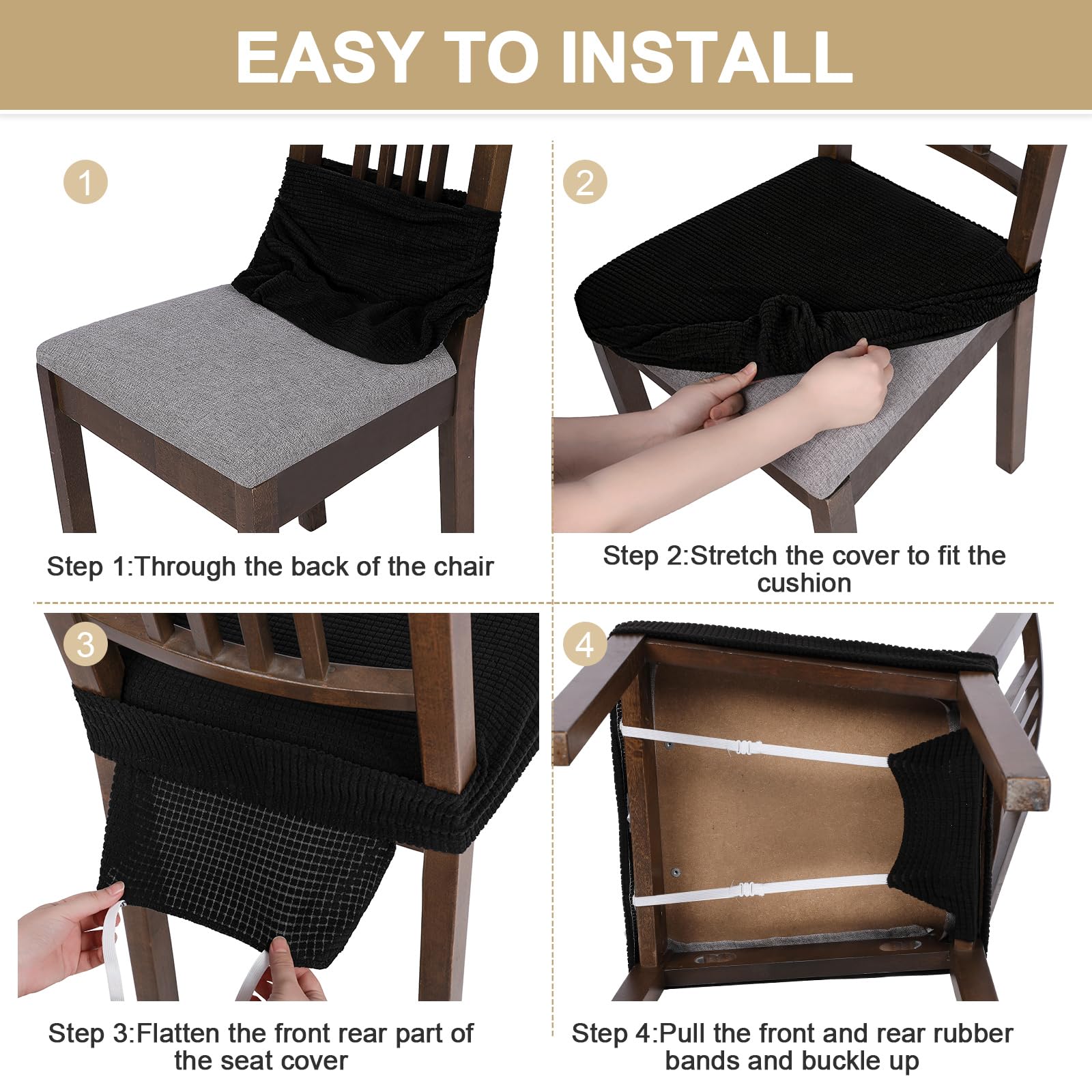 NIBESSER 4-Pack Stretchable Dining Chair Covers - Soft, Washable & Removable Slipcovers for Kitchen & Dining Room Chairs, Armless Seat Protectors (Black Jacquard, Rear-Covered) - Perfect for Home Decor, Parties & Daily Use