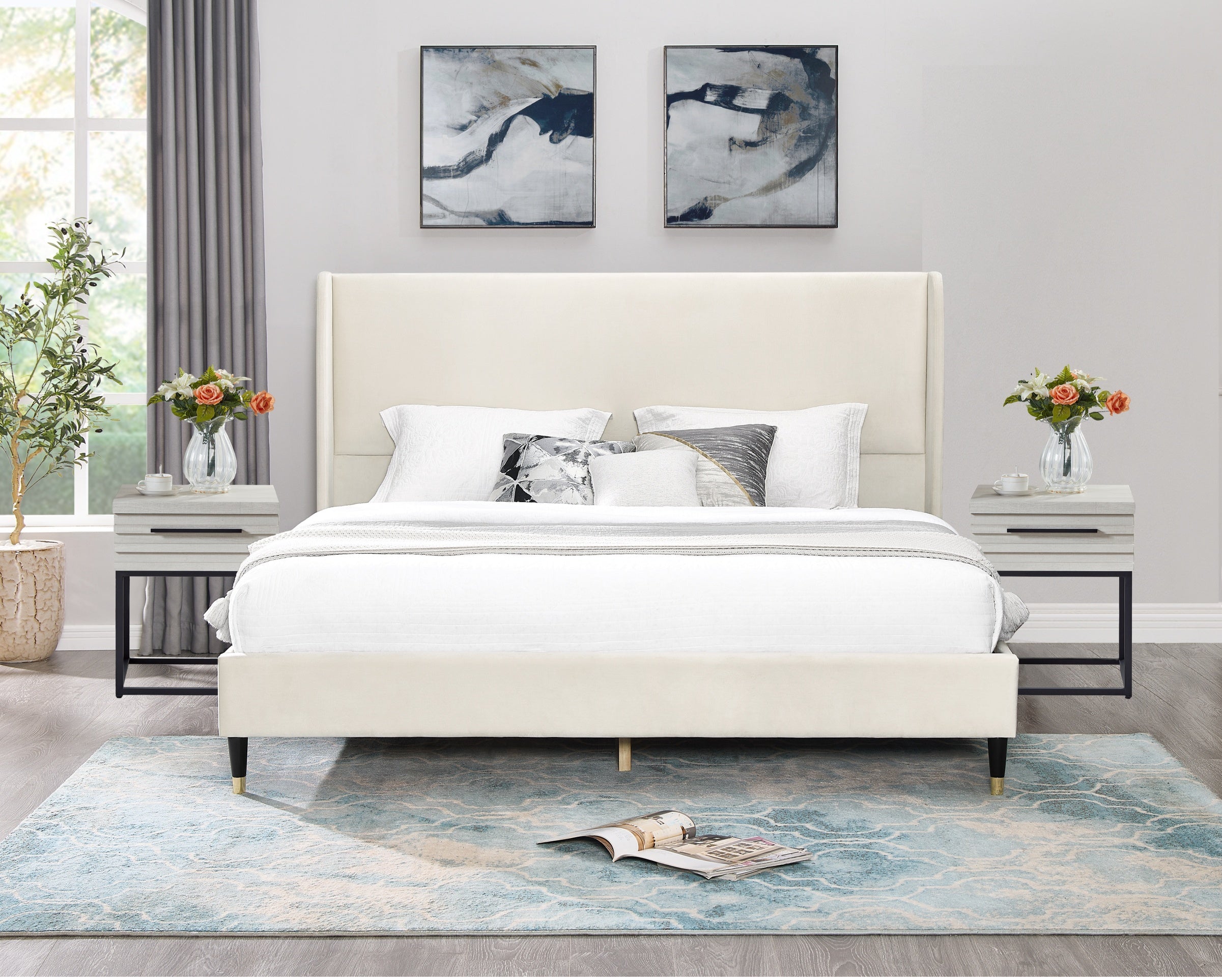 Roundhill Furniture Arles 3-Piece Upholstered Bedroom Set - Wingback Platform Bed with 2 Nightstands for Master Bedroom, Guest Room & Apartment Decor