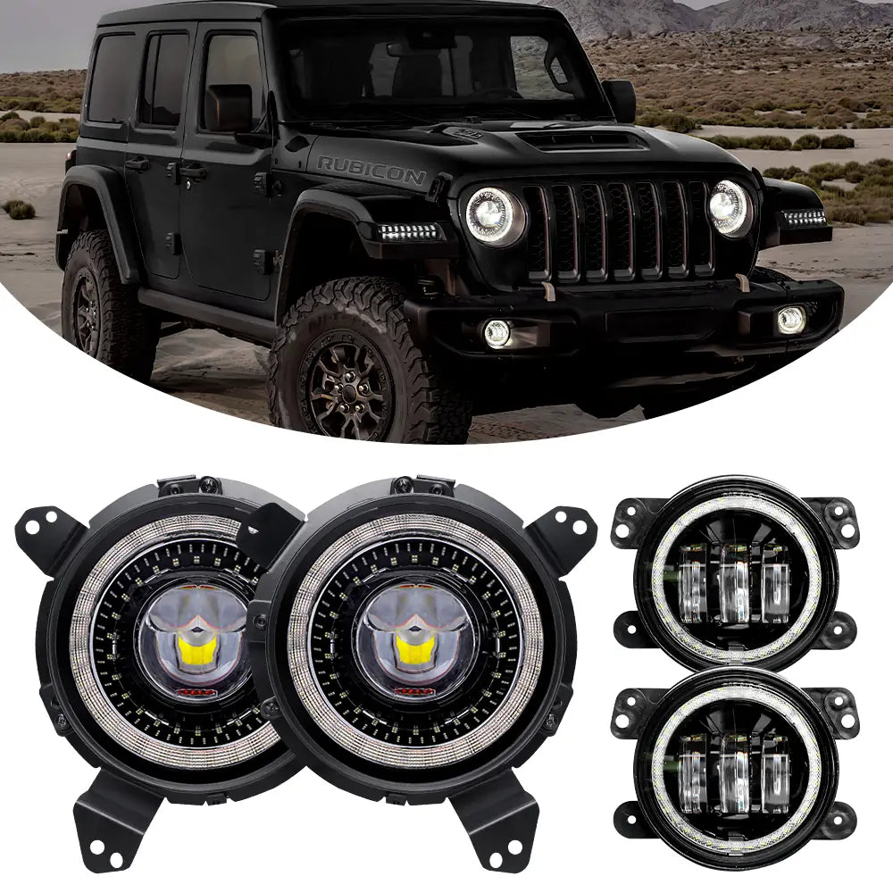 LOYO Dragon Eye LED Headlights with 9'' Bracket Ring & 4 Fog Lights for 2018+ Jeep Wrangler JL & Gladiator JT - Off-Road Adventure & Night Driving Upgrade
