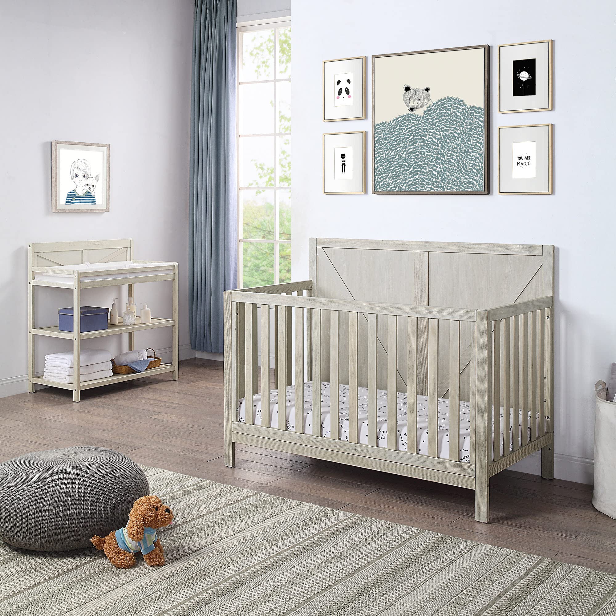 HomVent 4-in-1 Convertible Baby Crib to Toddler Bed, Daybed & Full Size Bed - Rustic Farmhouse Style Nursery Furniture with 3 Adjustable Mattress Heights (Grey) | Perfect for Newborns, Infants & Growing Kids in Modern Nursery Rooms