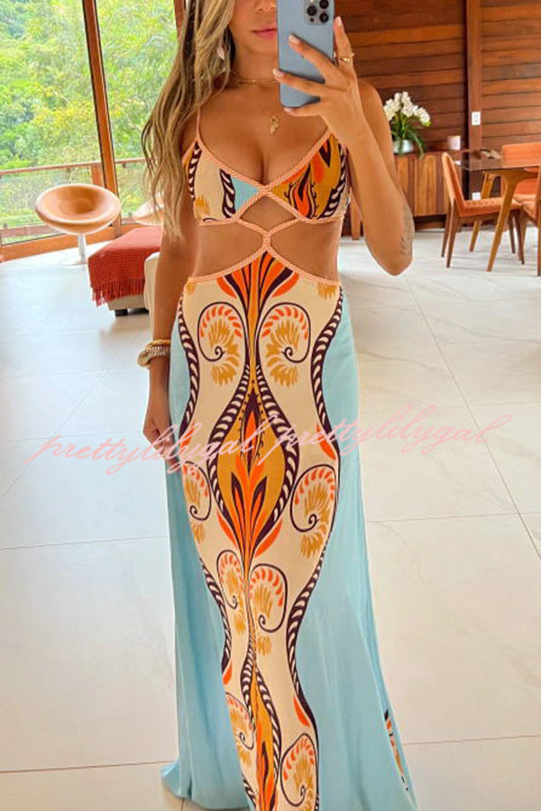 Summer Symphony Linen Blend Maxi Dress with Ethnic Print & Cutout Waist - Back Tie Design for Beach Vacations, Date Nights & Summer Parties