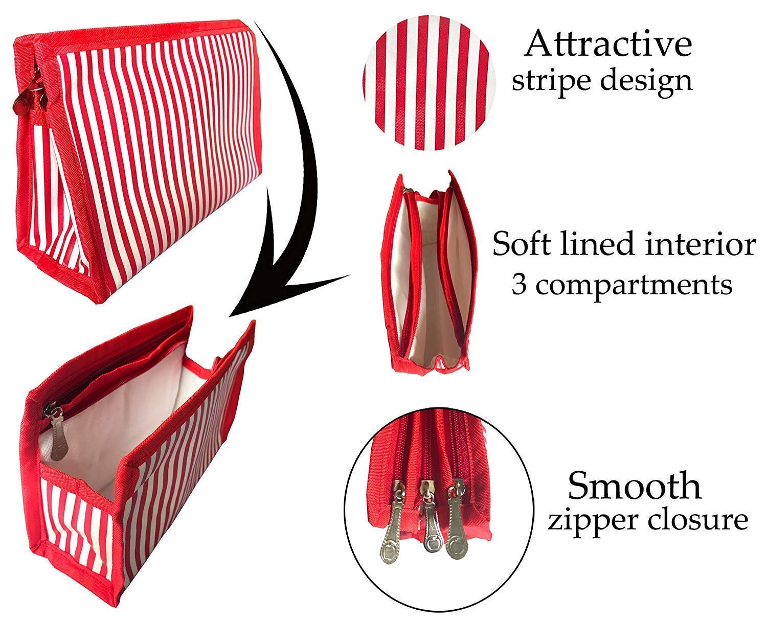 PRISMAXIC 3-Piece Synthetic Travel Cosmetic Pouch Set - Makeup Organizer, Jewelry & Toiletry Bag for Men & Women (Red) - Perfect for Air Travel, Gym & Daily Essentials Storage
