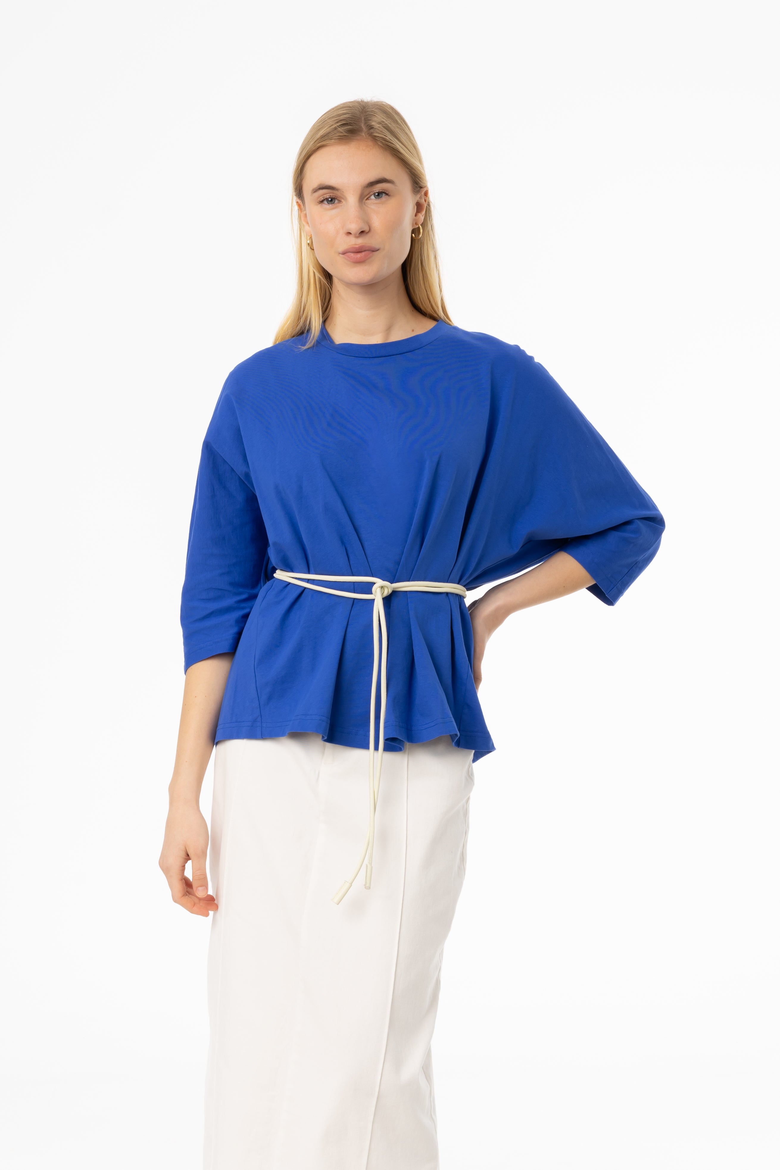 Cobalt Blue Oversized Dolman 3/4 Sleeve T-Shirt for Women - Comfortable Casual Loose Fit Top for Everyday Wear, Lounge & Outings