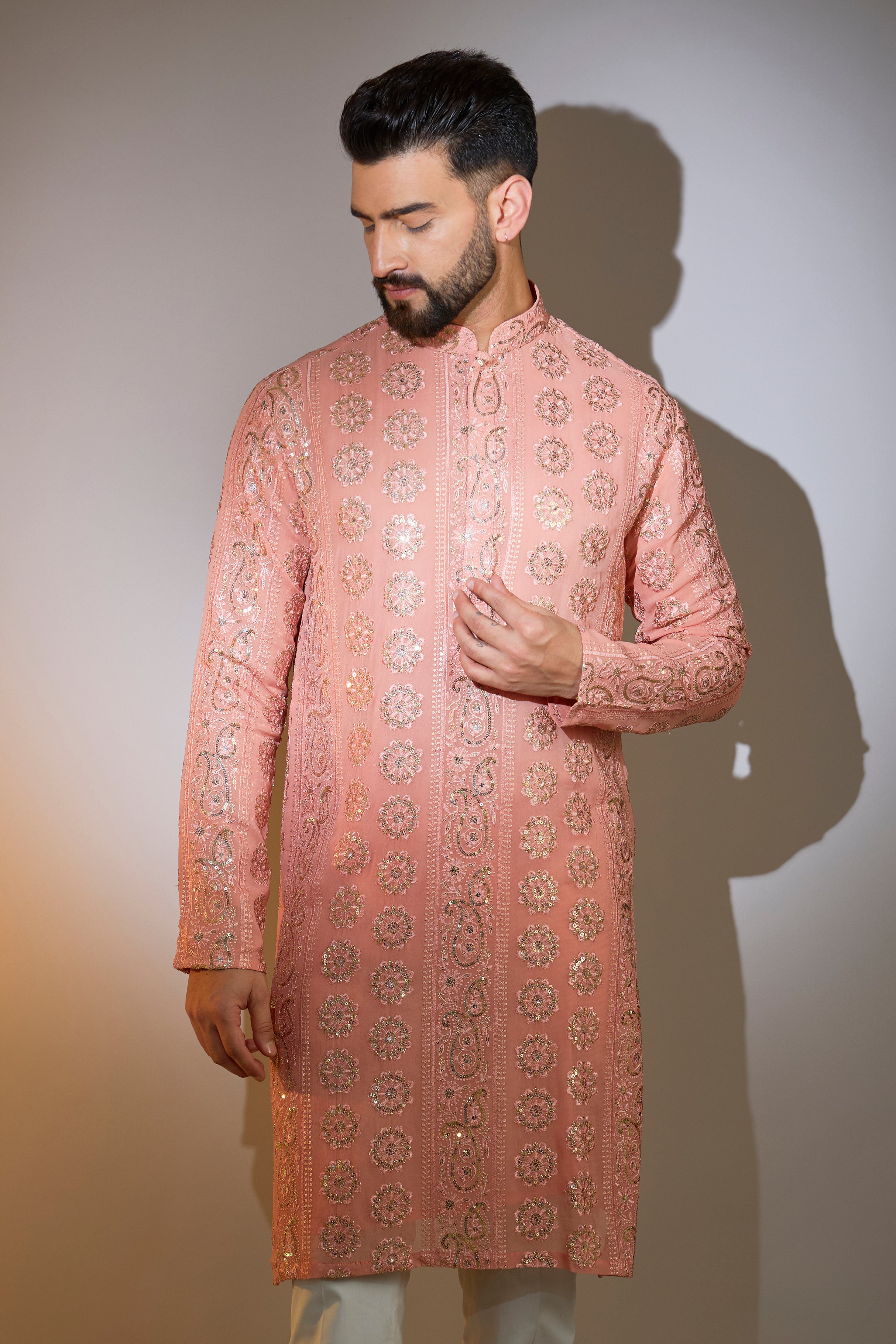 Stylish Peach Chikankari Kurta with Sequin Embroidery - Perfect for Festivals, Weddings & Ethnic Occasions