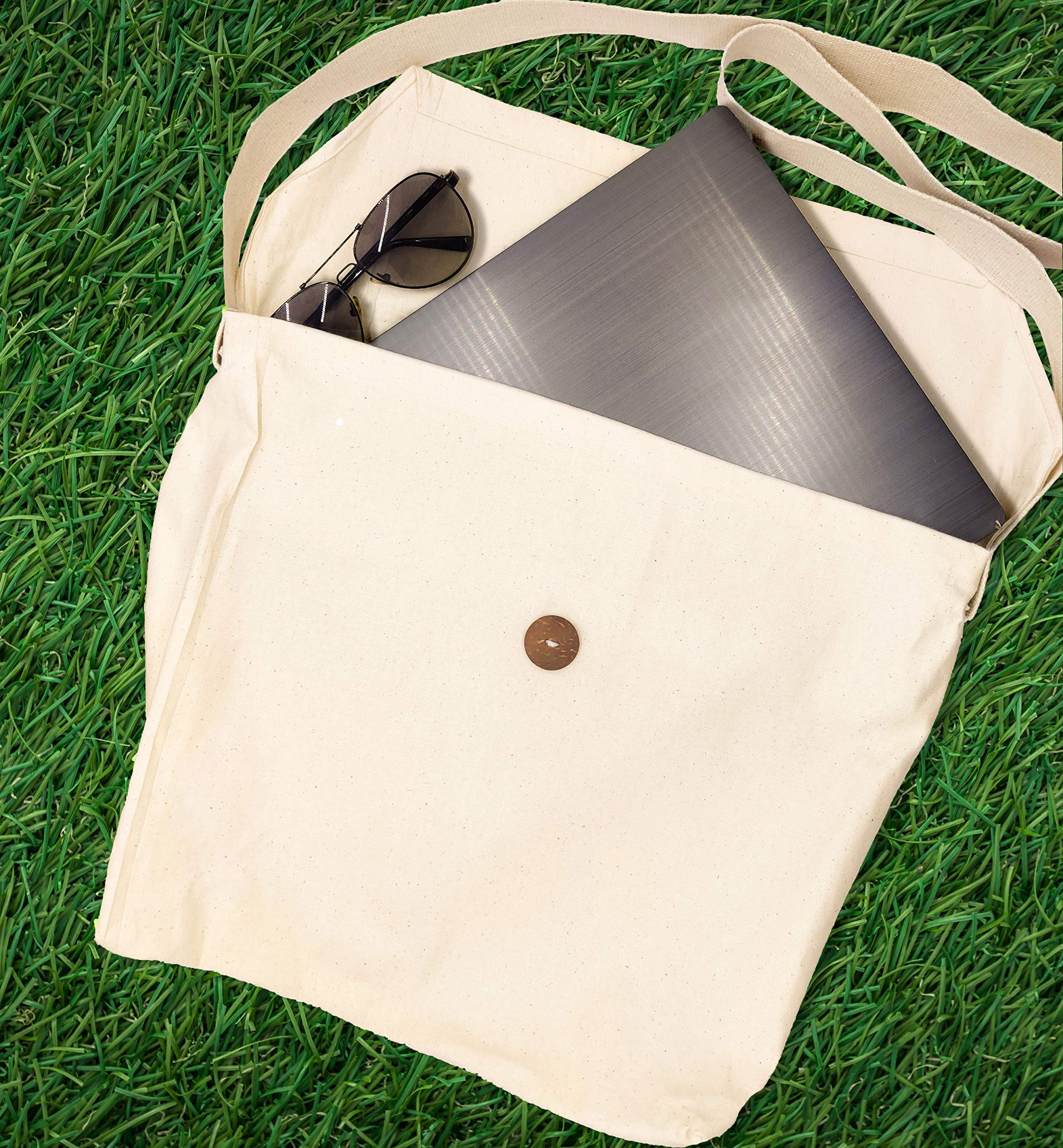 Eco-Friendly Cotton Shopper Tote Bag with Coconut Shell Button - Unisex Reusable Grocery Bag, Crossbody Sling Bag for Shopping, Beach, Travel & Daily Use (White)