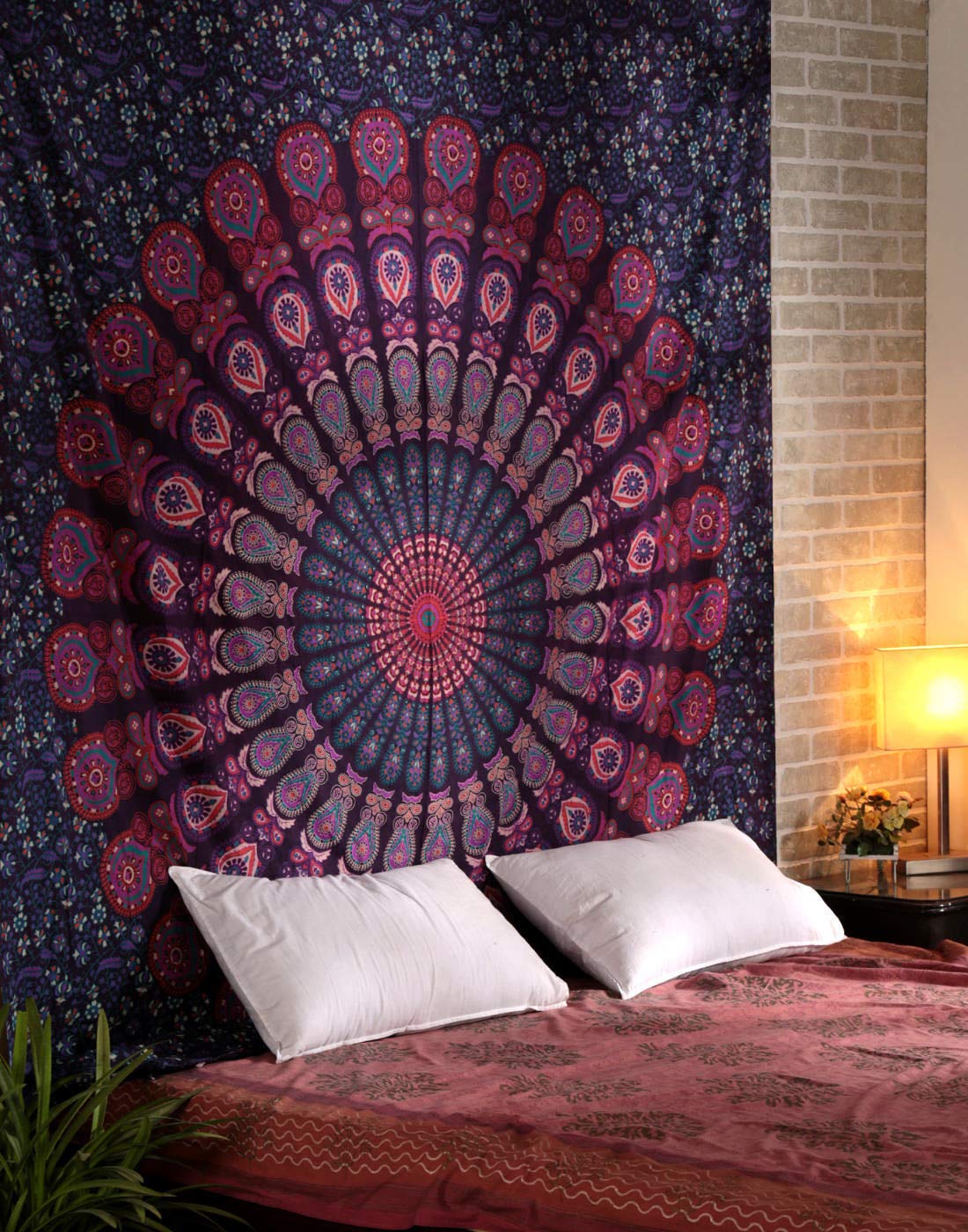 GDONLINE Large Lavender Indian Mandala Tapestry - Bohemian Peacock Feather Wall Hanging, Psychedelic Wall Art for Dorm Decor, Beach Throw, Meditation Room & Festival Decor (90x84 Inches)