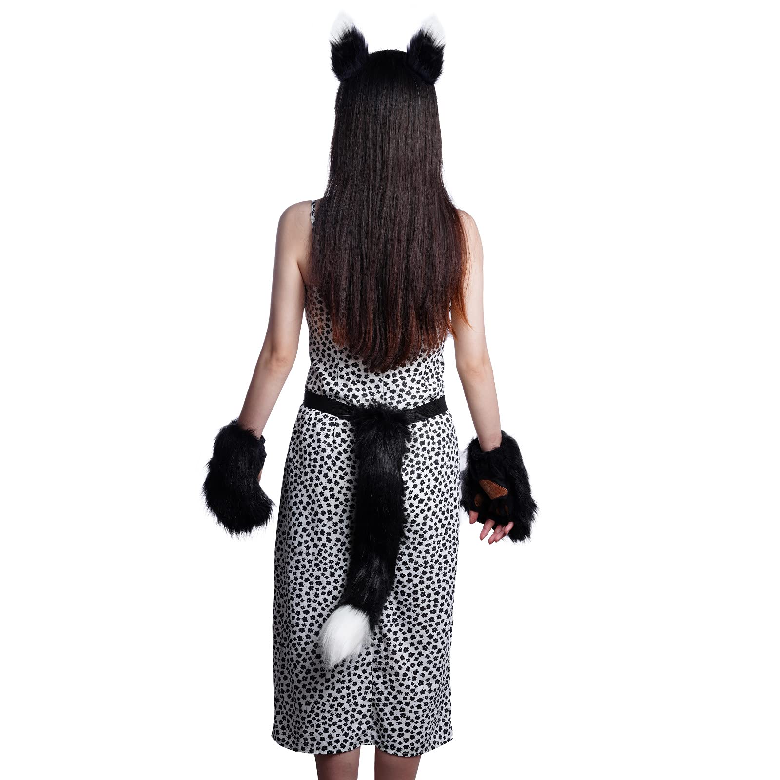 Faux Fur Wolf Fox Tail Hair Clips with Ears & Gloves Set - Halloween Christmas Cosplay Costume Accessories for Party Dress Up & Role Play