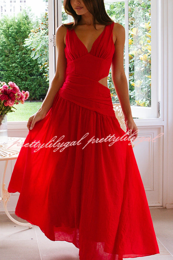 Elegant Solid Color V-Neck Waist Hollow Slim Maxi Dress for Women - Perfect for Summer Beach, Party & Evening Occasions