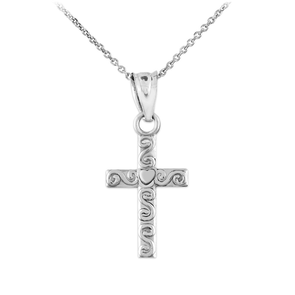 10K White Gold Twirl Cross Charm Pendant Necklace for Women - Elegant Religious Jewelry Gift for Baptism, Confirmation & Everyday Wear