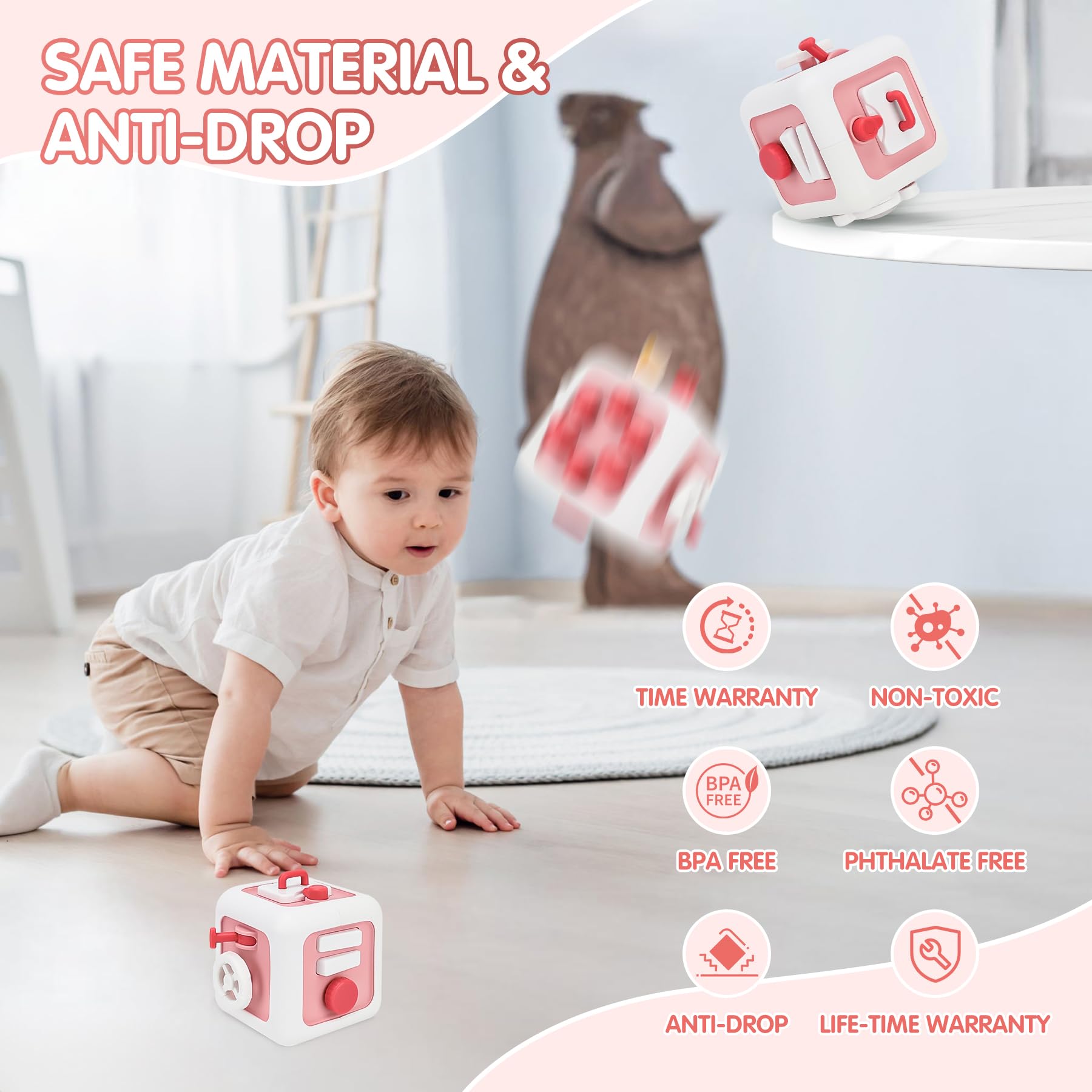 Montessori Busy Cube Sensory Toys for 1 Year Old Boys & Girls - Easter Basket Stuffers, Travel Learning Toys for Toddlers 12M+ (Pink) - Perfect for Airplane Travel & Early Childhood Development
