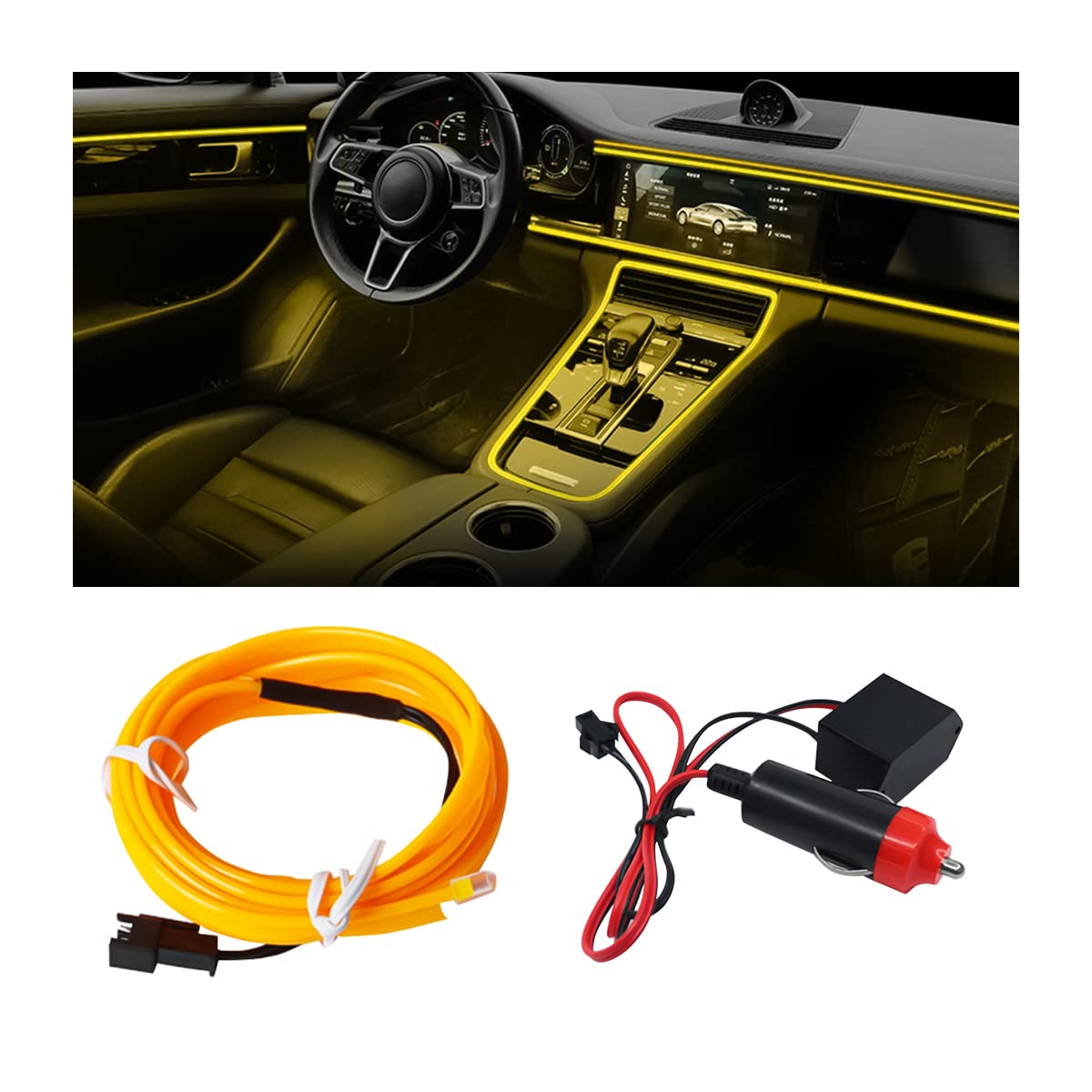 EL Wire Car Interior LED Strip Lights - 16FT Neon Light with Sewing Edge for Auto Cigarette Lighter, Electroluminescent Ambient Lighting Kit with Fuse Protection, Perfect for Car Decoration, Night Driving & Interior Customization (Yellow)