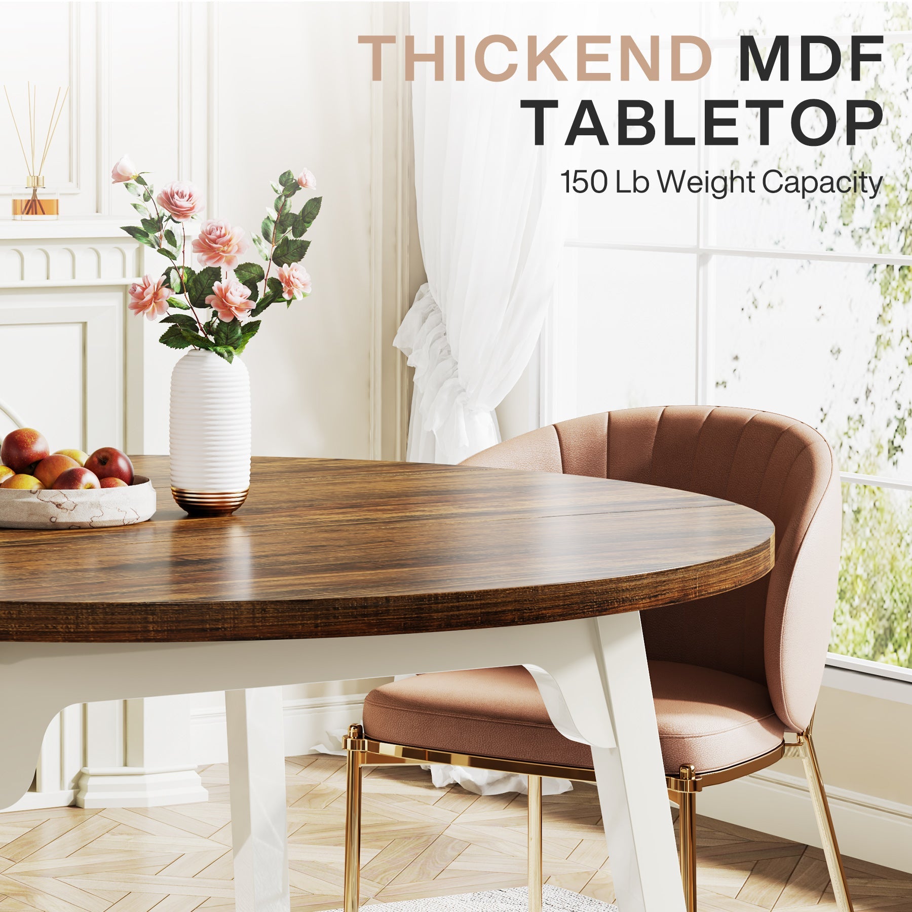 47 Inch Round Farmhouse Dining Table - Solid Wood Kitchen Table for 4-6 People | Perfect for Family Meals, Dinner Parties & Cozy Breakfasts