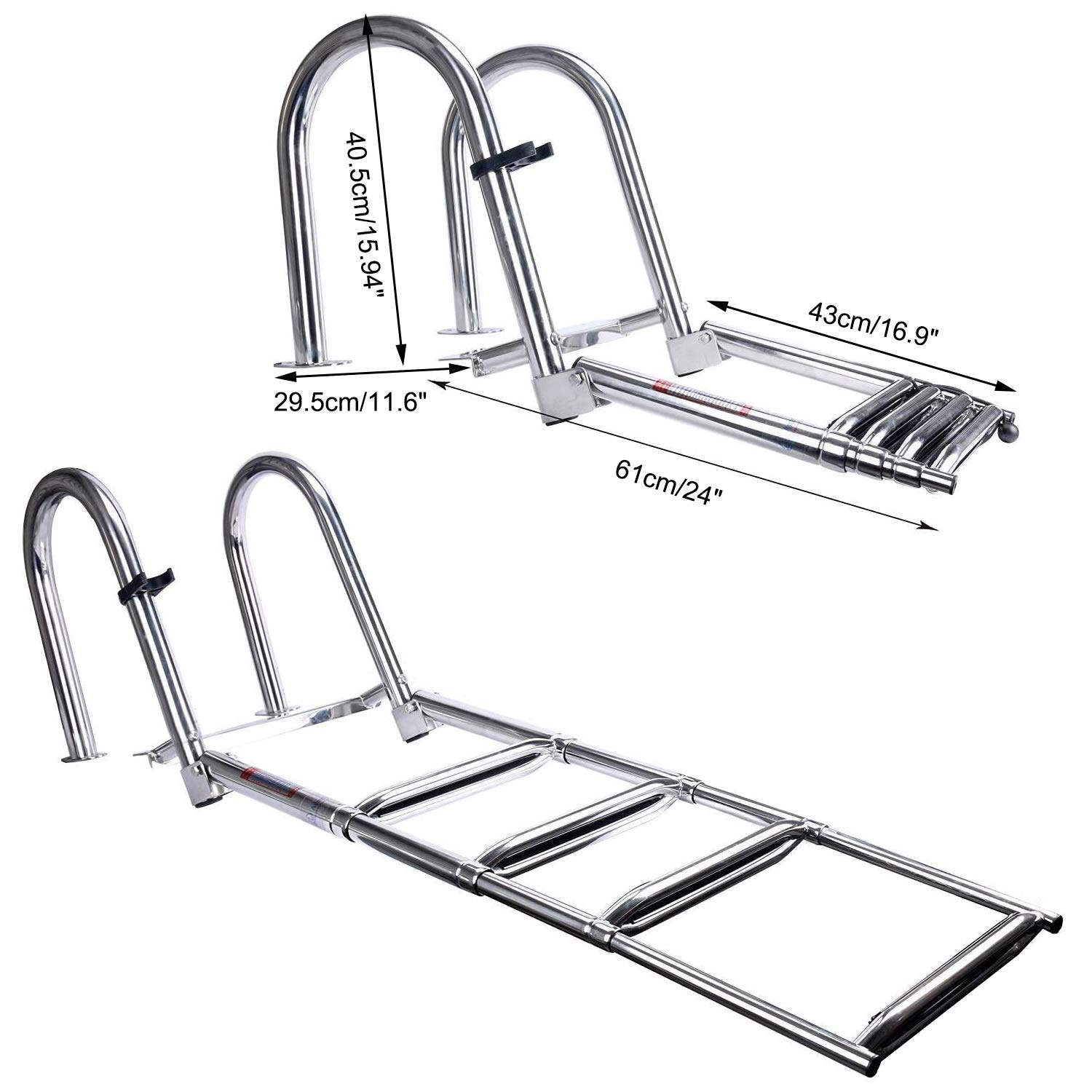 **Amarine Made 4-Step Folding Stainless Steel Pontoon Boat Ladder – Telescoping Dock Ladder with Wide Steps, Pedal Hand Rail & Retaining Strap (400lb Capacity) – Perfect for Swimming, Boarding & Water Sports**