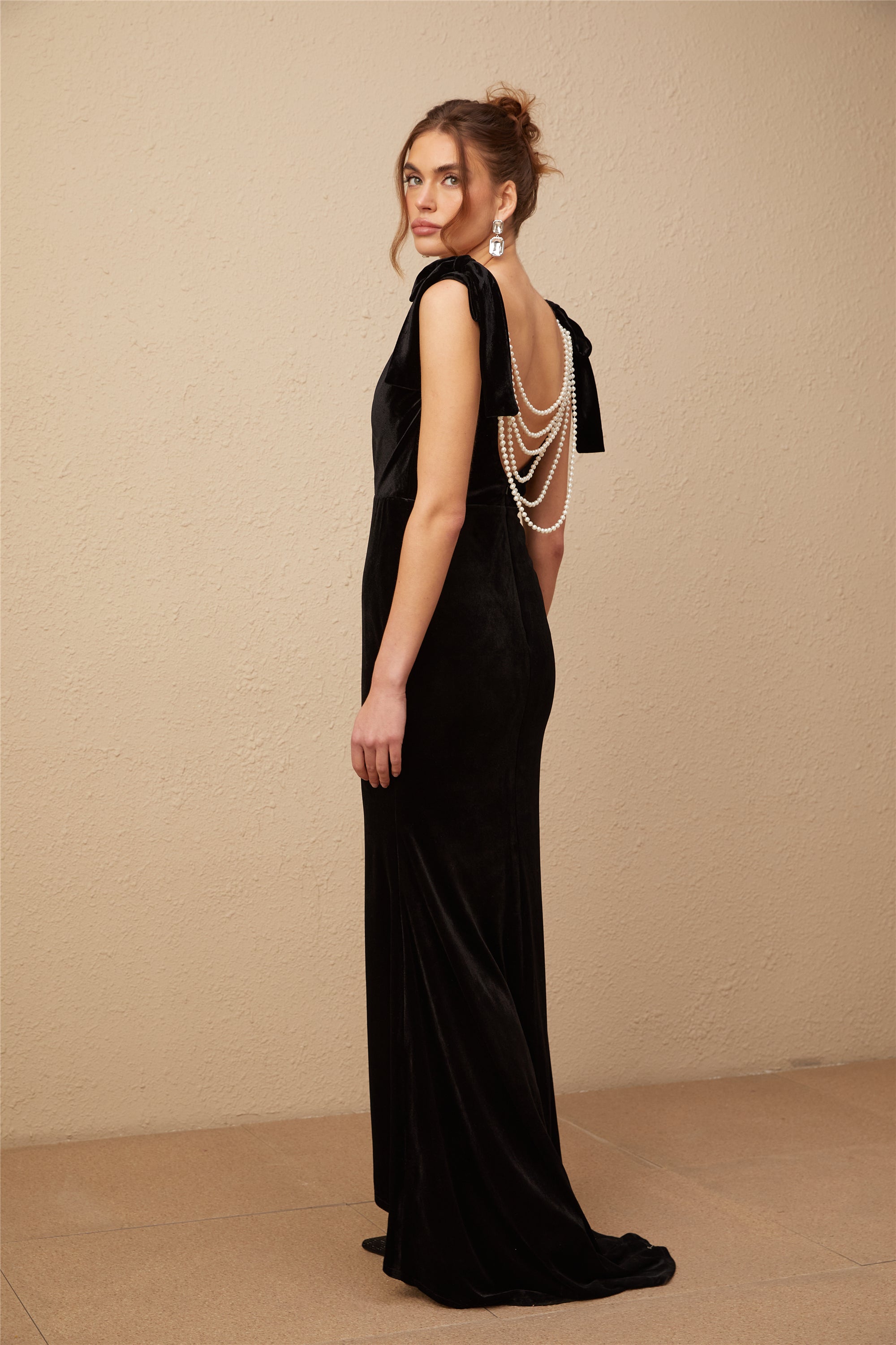 Elegant Audrey Embellished Velvet Open Back Maxi Dress for Women - Perfect for Evening Parties, Weddings & Special Occasions