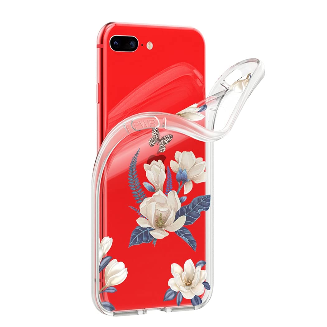 Premium Cute Clear Slim Shockproof TPU Rubber Phone Case for iPhone 7 Plus/8 Plus - Floral Design Protective Cover for Women & Girls - Perfect for Everyday Use, Work & Travel (White Flower Pattern)