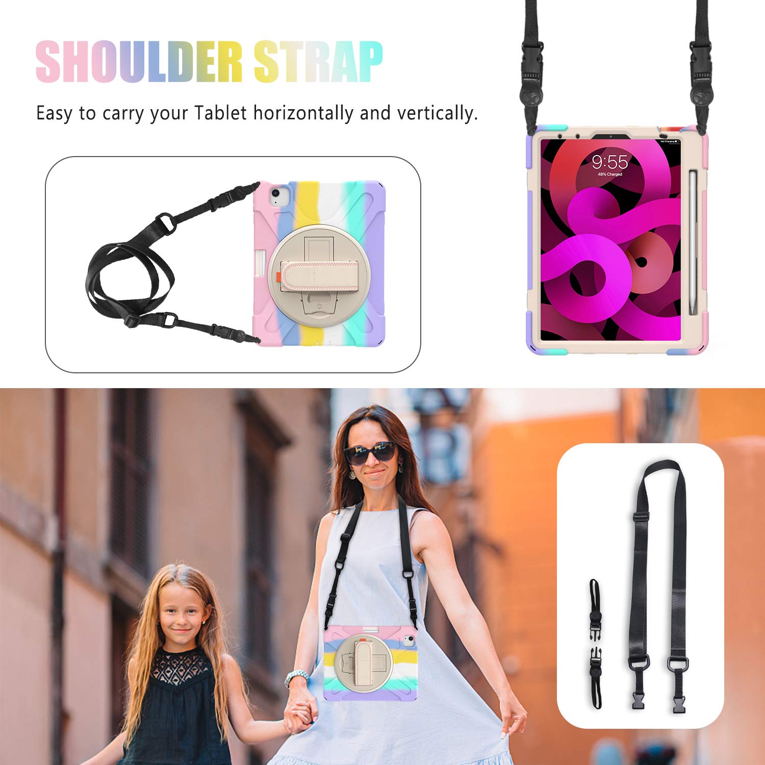 4th Gen iPad Air 10.9 Case & iPad Pro 11 Case - 360° Rotatable with Hand Strap, Adjustable Shoulder Strap, Stand & Pencil Holder | Military Shockproof Silicone Cover (Pink) | Perfect for Travel, Work & Outdoor Activities