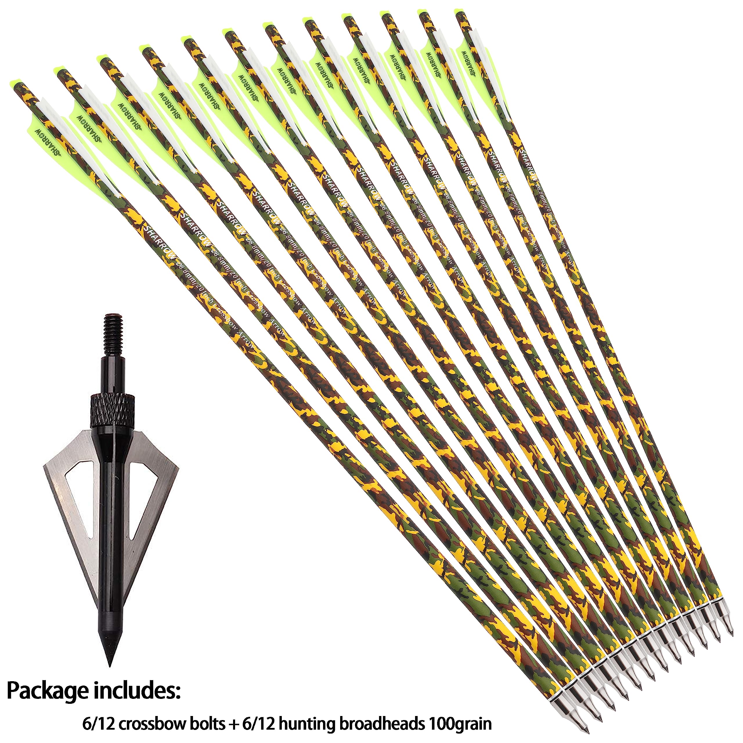 ZSHJGJR 16-22 Inch Carbon Crossbow Arrows with Screw-in Hunting Broadheads - Camo Shaft for Precision Crossbow Hunting and Target Shooting (6/12PCS)