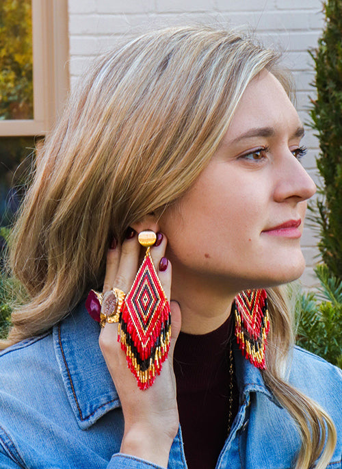 Anitha Handmade Beaded Dangle Earrings for Women - Red Bohemian Style Jewelry - Perfect for Parties, Weddings & Date Nights