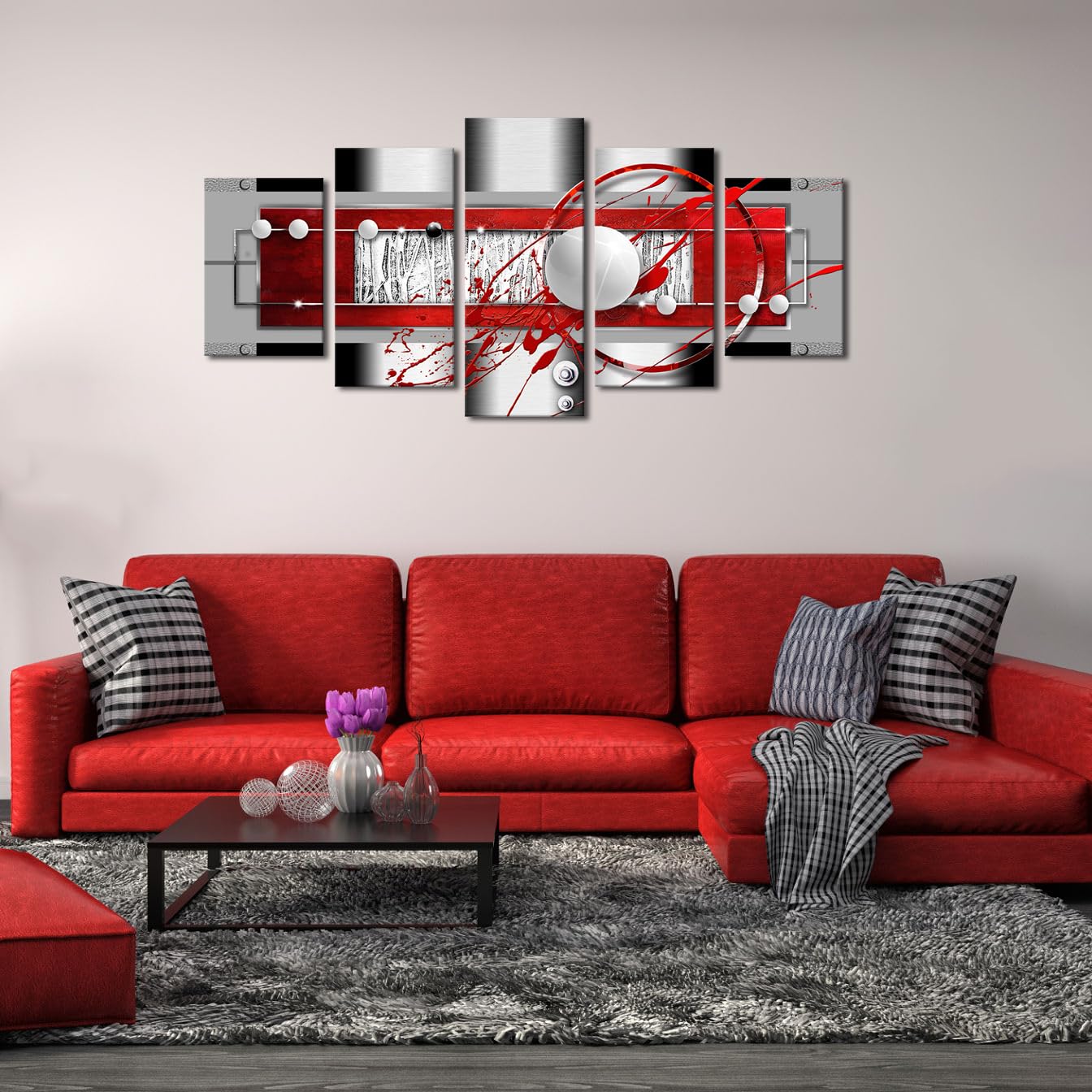 Abstract Canvas Wall Art - Red Black Grey Framed Painting for Living Room Decor | Modern Home & Office Decor
