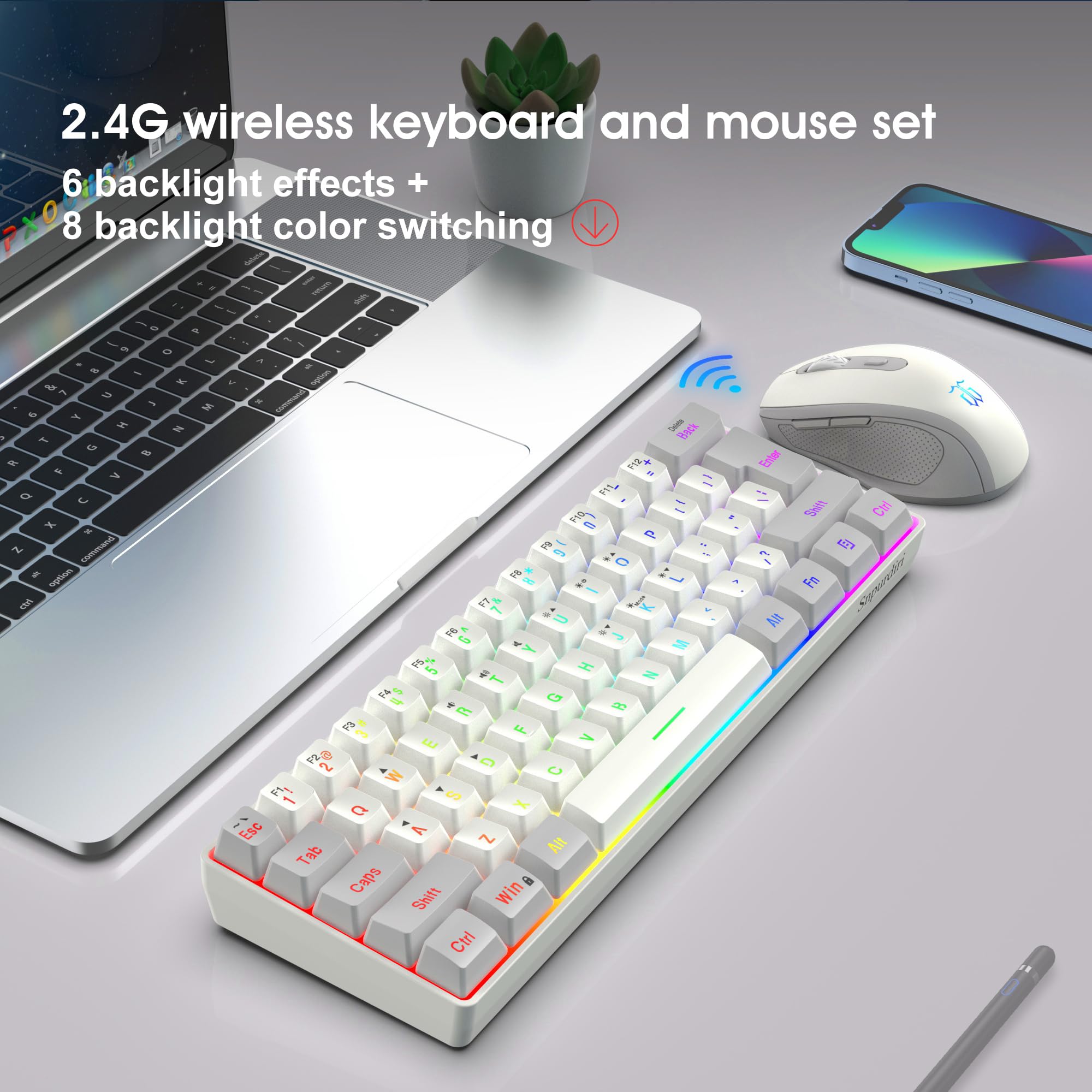 SNPURDIRI 2.4G Wireless Gaming Keyboard and Mouse Combo - 60% Compact Mechanical Feel RGB Backlit Keyboard & Ergonomic Vertical Wireless Mouse (Grey/White) for PC, Mac, Laptop - Perfect for Gaming, Office Work & Home Use