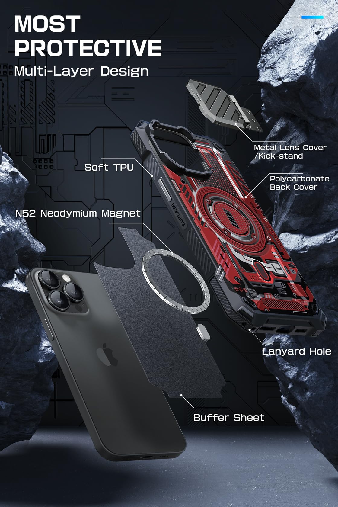 SUPCASE Heavy Duty Magnetic Phone Case for iPhone 15 Pro Max with Stand - Military-Grade Protection, Built-in Camera Cover & MagSafe Compatible (Red) - Perfect for Travel, Work & Outdoor Activities
