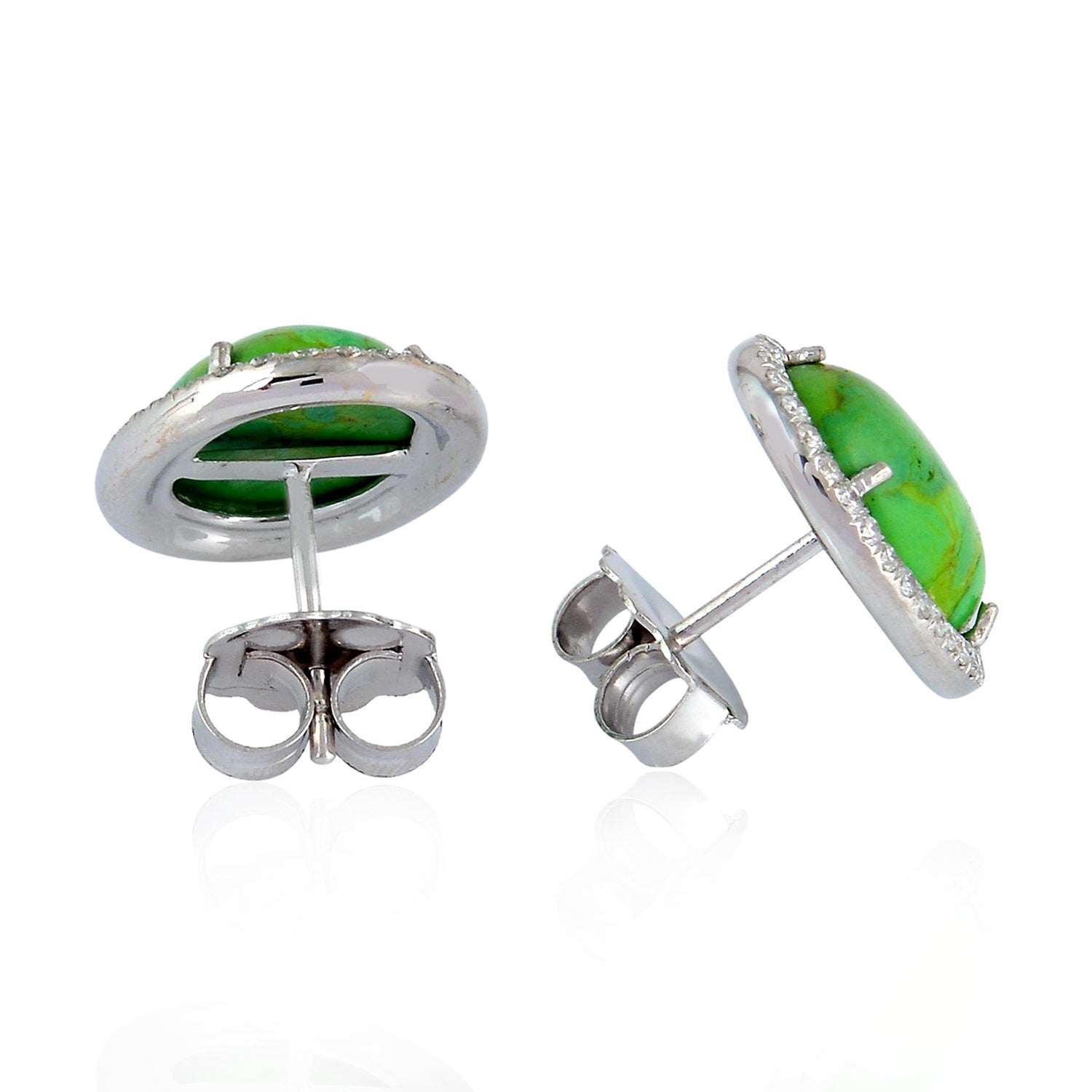 18K White Gold Green Turquoise Gemstone Pave Diamond Stud Earrings - Perfect for Weddings, Parties & Special Occasions