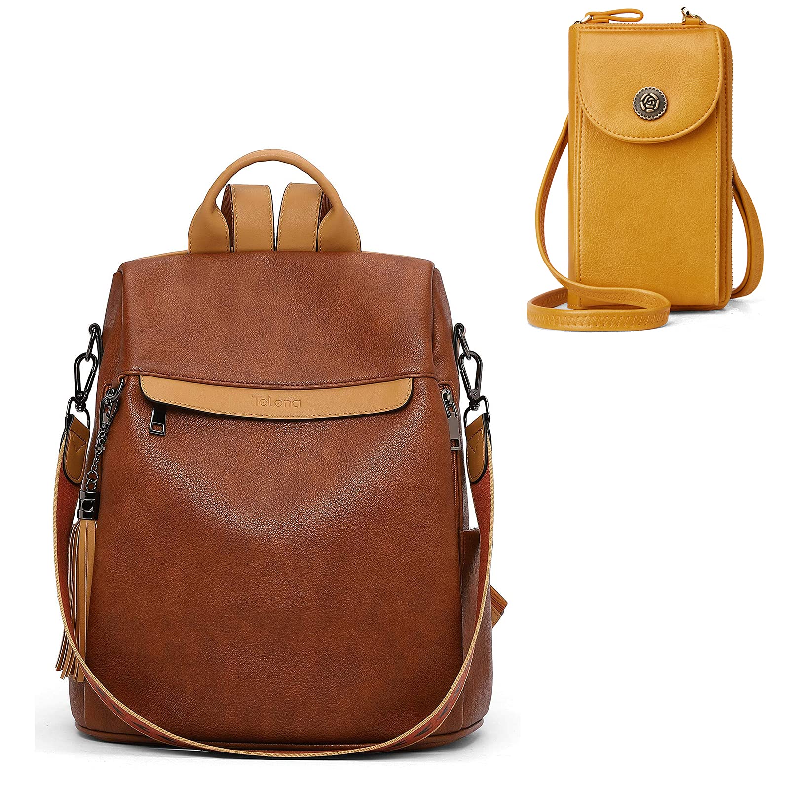 Anti-Theft Travel Backpack & Crossbody Bag Set for Women - Large Shoulder Bag (Brown) & Small Phone Purse Wallet (Yellow) | Perfect for Commuting, Shopping & International Travel