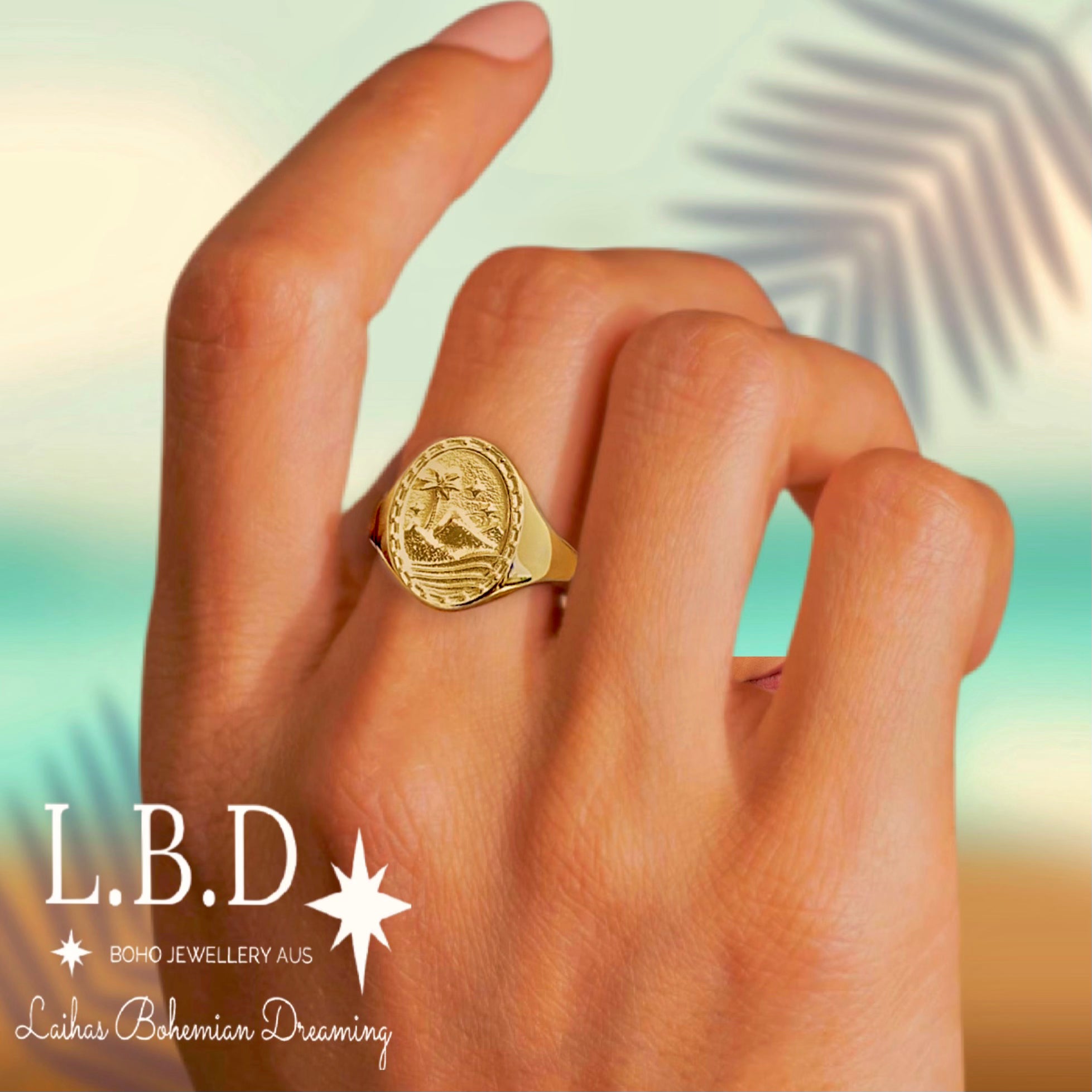 Bohemian Paradise Gold Signet Ring for Women - Vintage Style Adjustable Statement Jewelry - Perfect for Festivals, Parties, and Boho Fashion