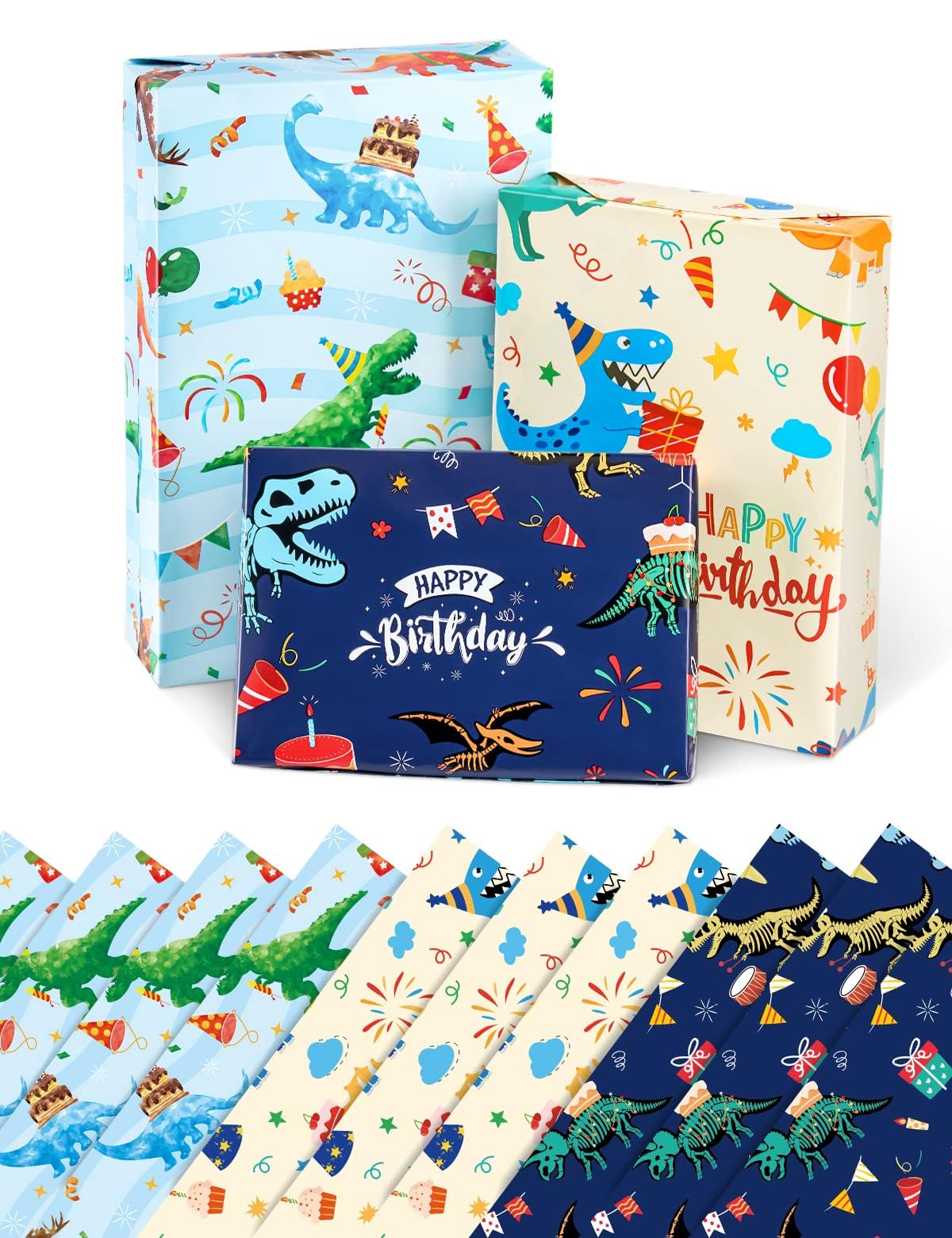 Dinosaur Wrapping Paper - 10 Sheets Dino Gift Wrap for Boys & Girls, 3 Cute Patterns (20''x27''), Perfect for Birthday Presents, Christmas Gifts & Dino Themed Parties | WERNNSAI Premium Wrapping Paper