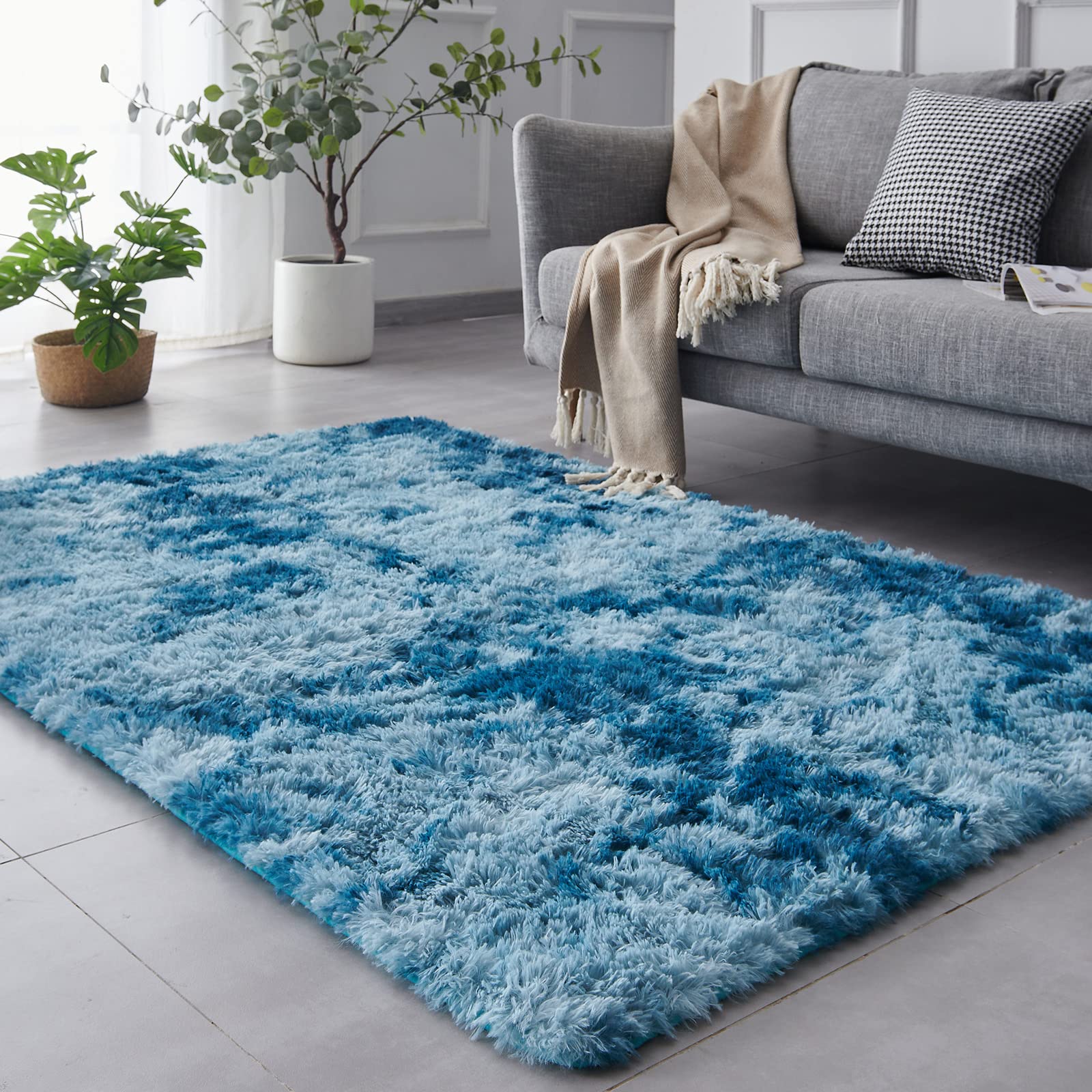 TABAYON Shaggy Tie-Dyed Dark Blue Rug 2x3 Feet, Non-Slip Soft Fluffy Area Rug for Living Room Bedroom - Cozy Home Decor Carpet for Indoor Spaces, Perfect for Dorm, Apartment & Nursery