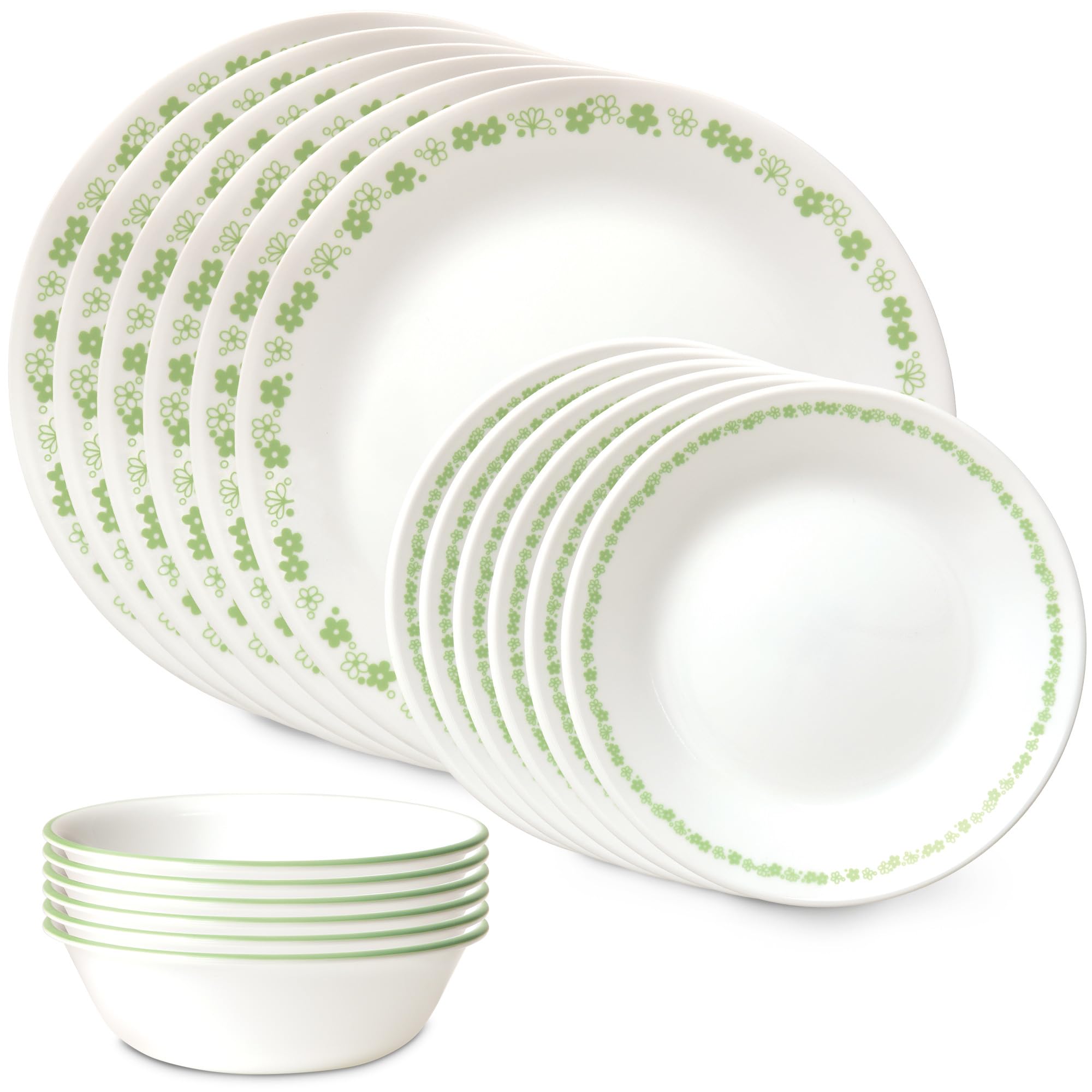 Corelle Vitrelle 18-Piece Dinnerware Set for 6, Chip & Crack Resistant Glass Plates & Bowls, Spring Blossom Green - Perfect for Everyday Dining, Family Gatherings & Dinner Parties