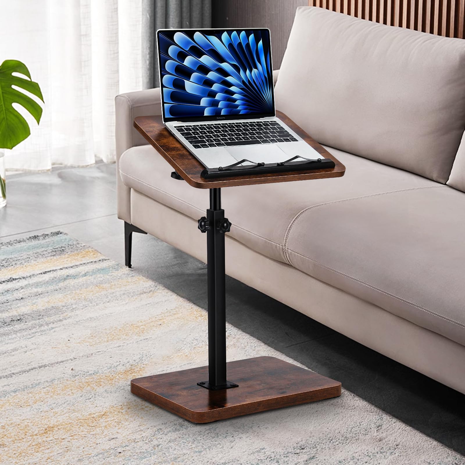 360° Swivel Adjustable TV Tray Table with Book Clip & Device Holder - C-Shaped End Table for Sofa, Bed, Bathtub - Perfect for Reading, Snacking & Relaxing (Rustic Finish)