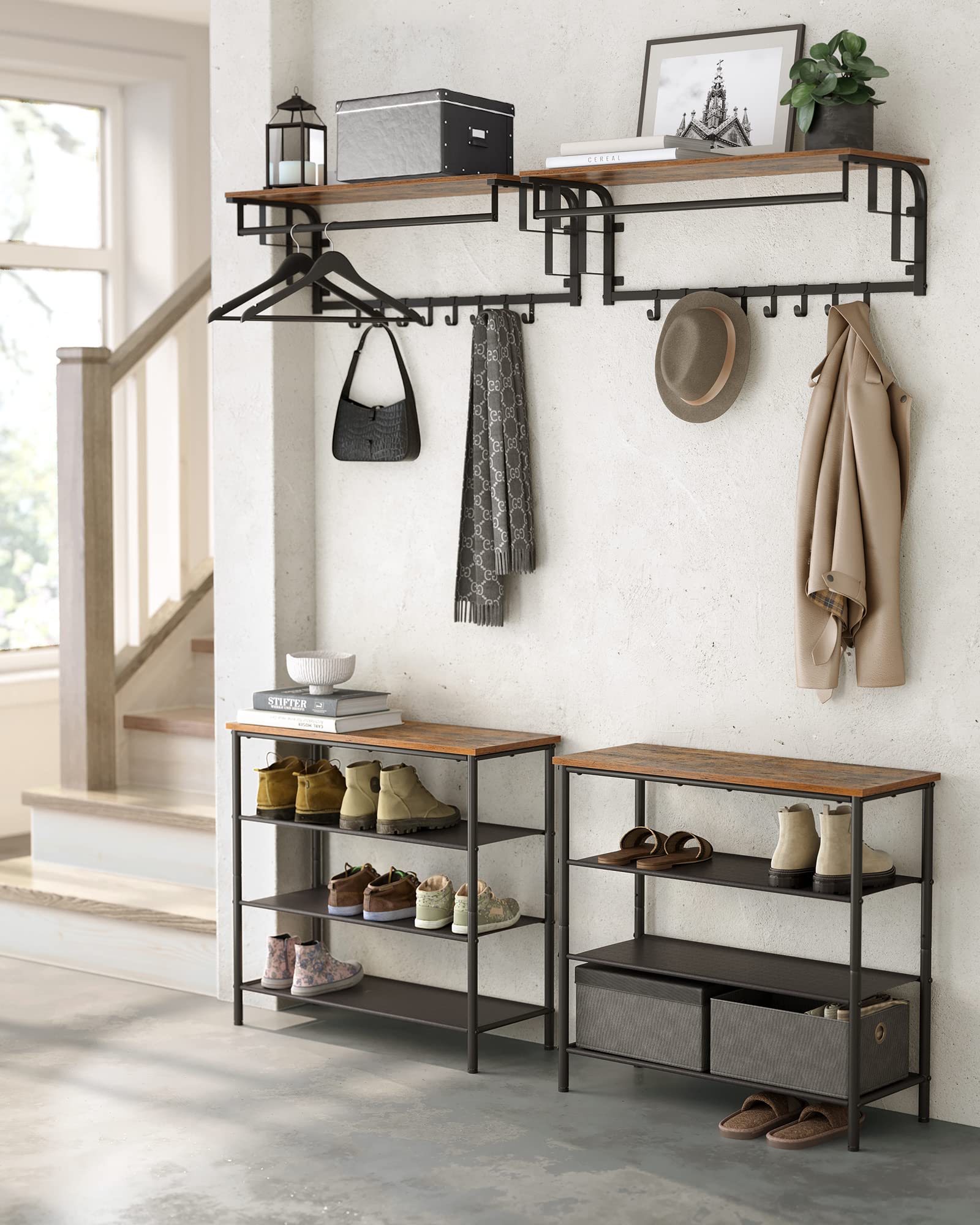 VASAGLE Wall Mounted Coat Rack with Storage Shelf, 5 Removable Hooks, Hanging Rod - Rustic Brown and Black for Entryway, Bedroom, Living Room - Perfect for Organizing Hats, Scarves, and Jackets