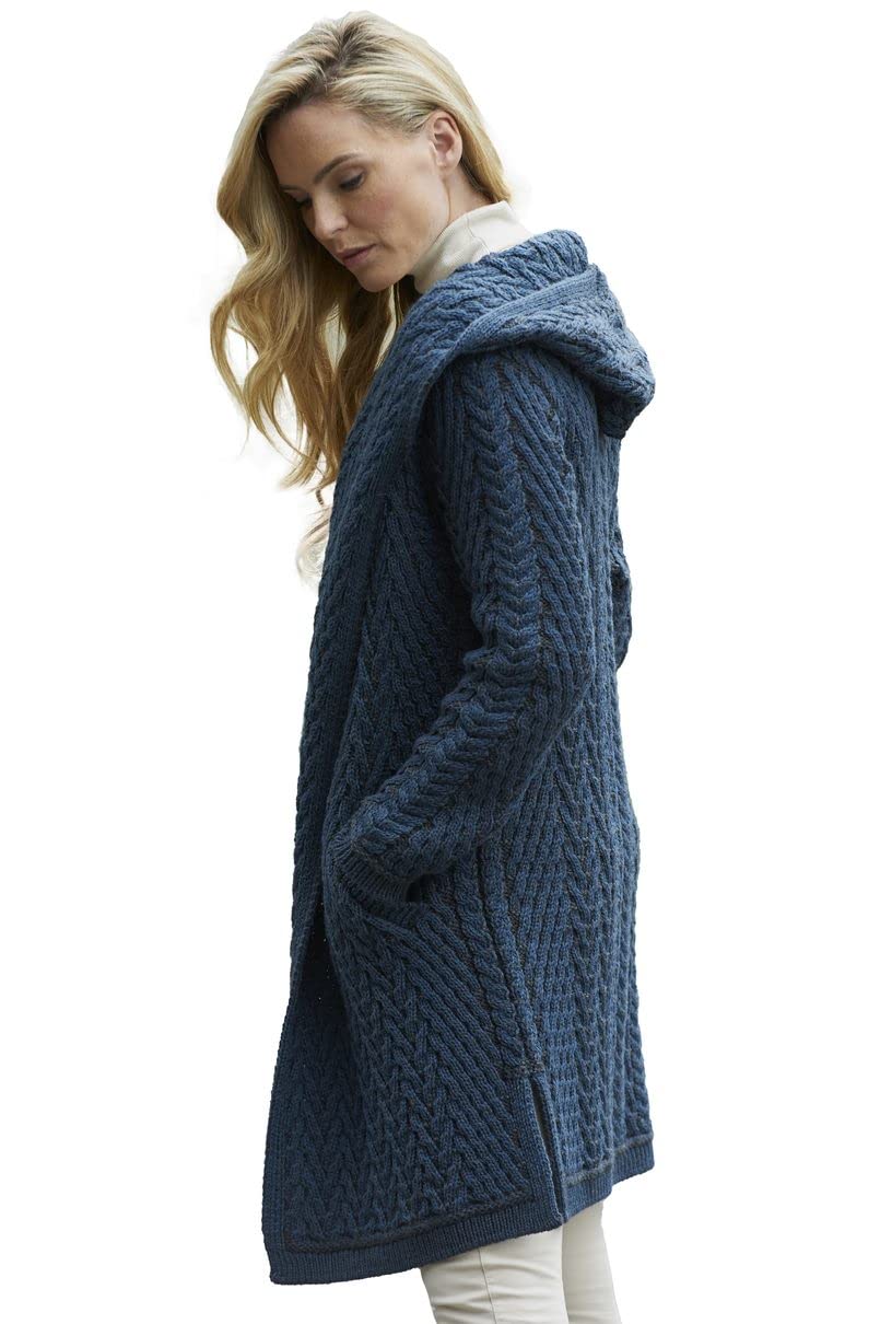 Aran Crafts Women's Cable Knit Herringbone Shawl Hood Coat - 100% Merino Wool Winter Warm Wrap - Perfect for Outdoor Activities, Travel & Casual Wear