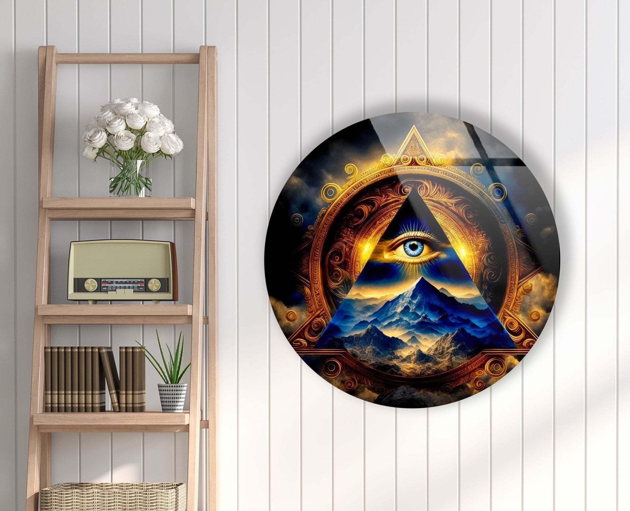 Abstract Round Illuminati Glass Wall Art Decor - Modern Geometric Stained Glass Window Hanging for Living Room, Bedroom, Office & Meditation Space