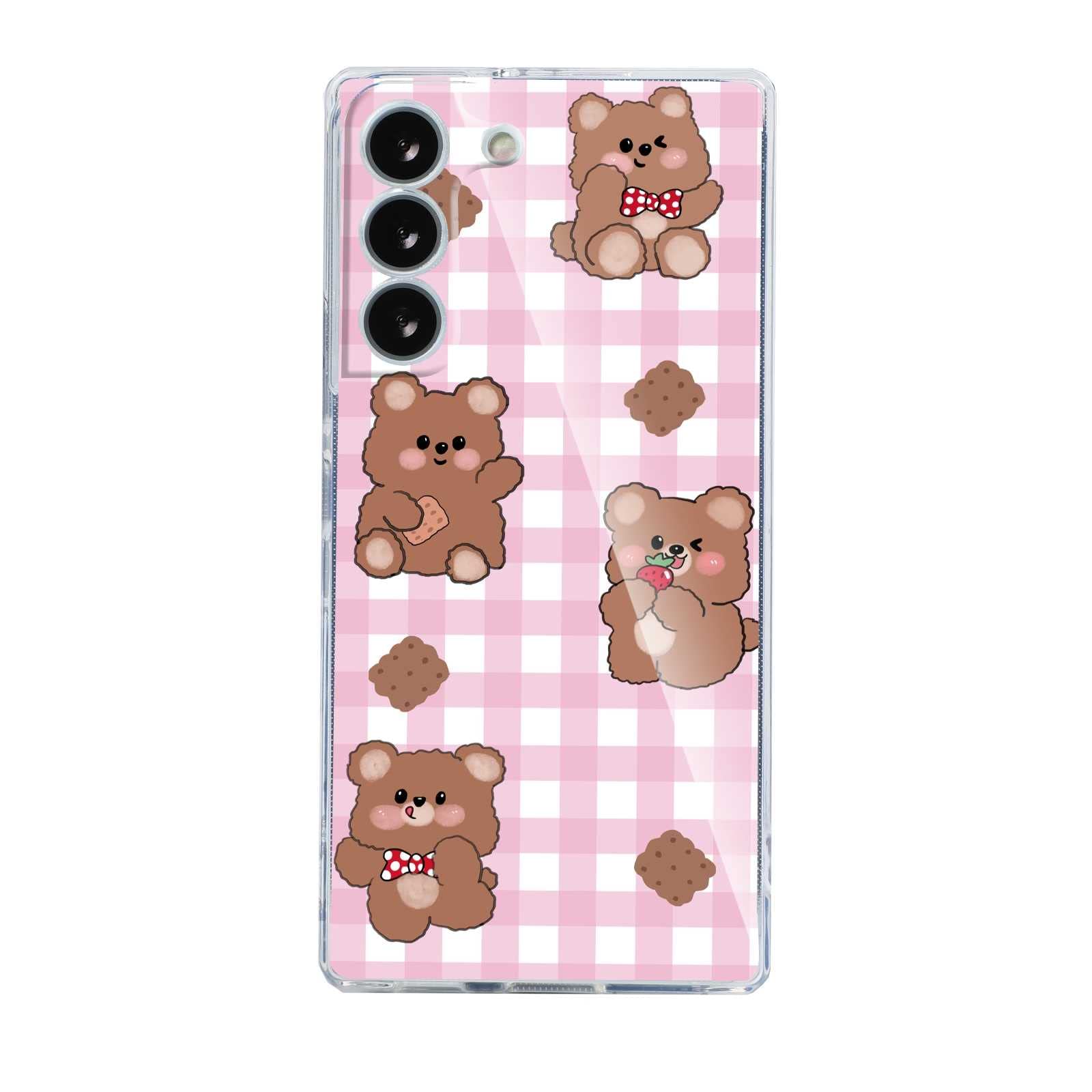 **Cartoon Bear Cookie Pink Plaid Soft TPU Case for Samsung Galaxy S22+ Plus - Trendy Clear Protective Cover for Women & Girls - Perfect for Daily Use, School, and Work**