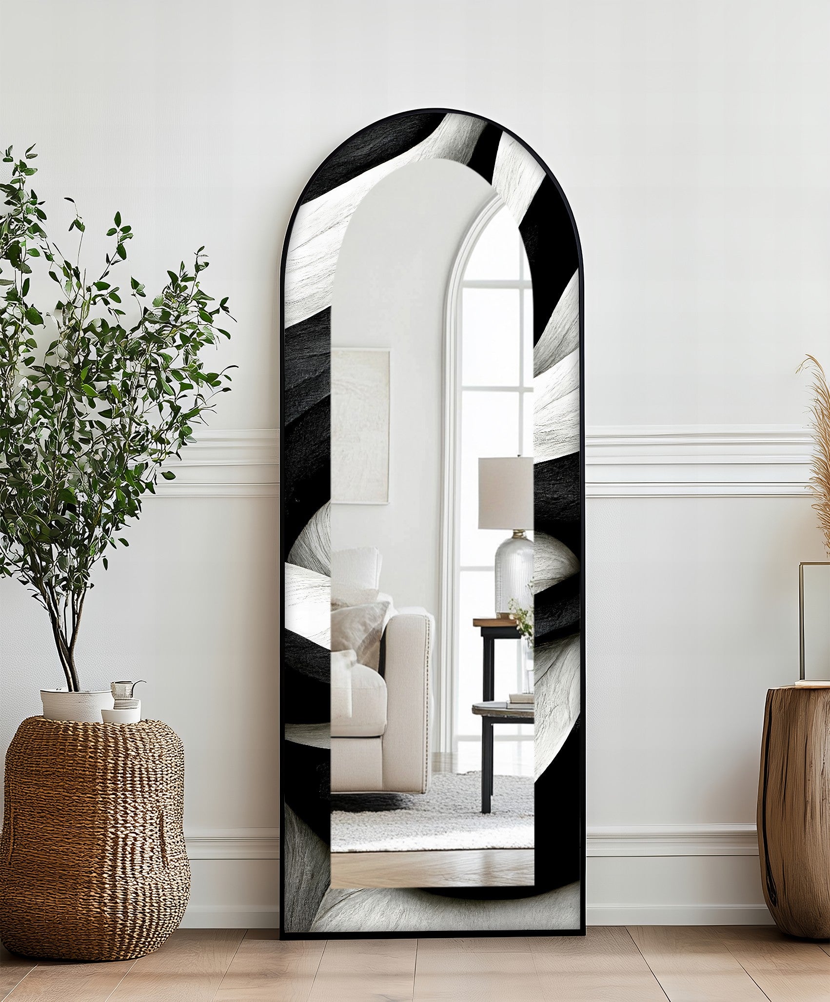 Black and White Wave Full Length Floor Mirror - Stylish Modern Decor for Bedroom, Living Room & Entryway