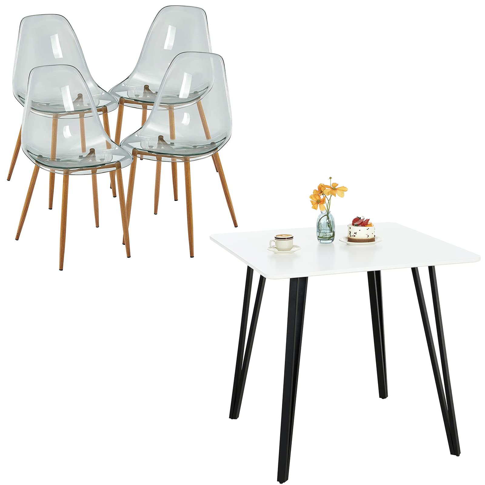 GreenForest Acrylic Ghost Chairs Set of 4 - Modern Transparent Dining Chairs with Crystal Seat & 31.5 Inch Square Kitchen Table - Perfect for Small Space Dining Rooms, Kitchen Breakfast Nooks & Contemporary Home Decor