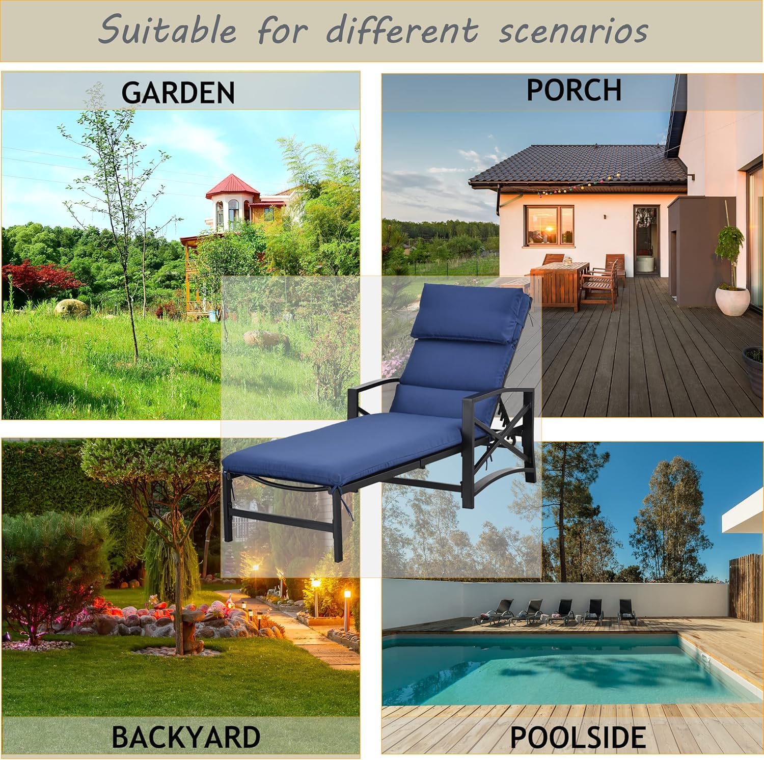 LOKATSE HOME Outdoor Adjustable Chaise Lounge Chair - Steel Patio Furniture with Removable Cushion, Weather-Resistant & Durable - Perfect for Poolside, Garden, Backyard Relaxation (Blue)