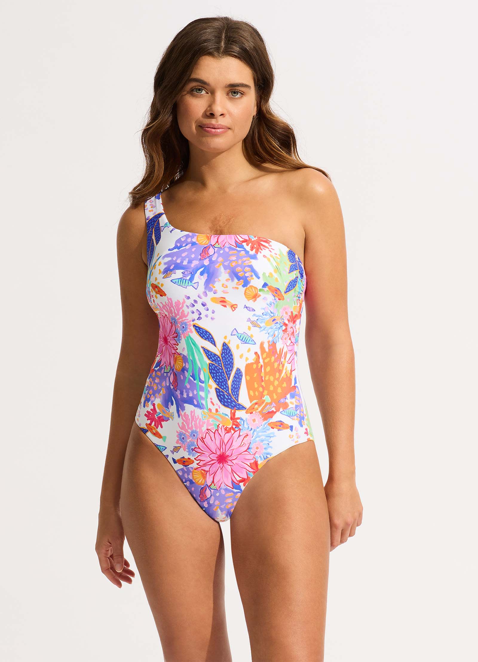 Under The Sea One Shoulder White One Piece Swimsuit - Perfect for Beach Vacations, Pool Parties & Summer Getaways