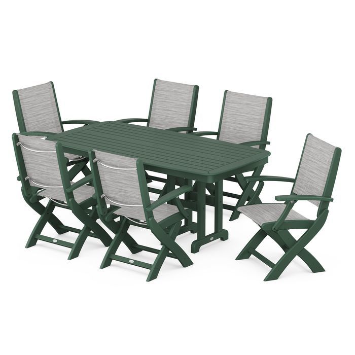 POLYWOOD Coastal Folding Arm Chair 7-Piece Outdoor Dining Set - Perfect for Patio, Deck, Poolside & Beachfront Entertaining