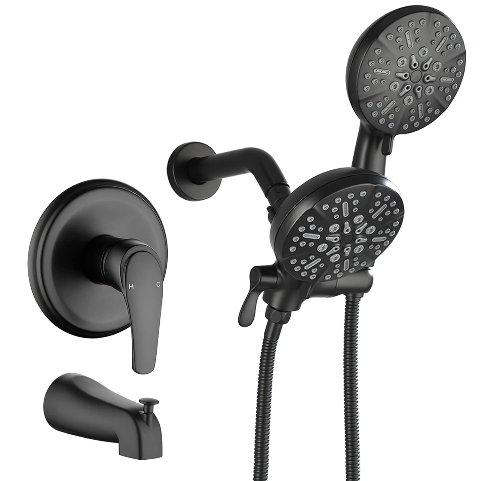 Premium Matte Black Tub and Shower Faucet Set - Complete 2-in-1 Dual Shower Head & Handheld Combo System with Tub Spout & Trim Kit for Bathroom Renovation & Luxury Spa Experience