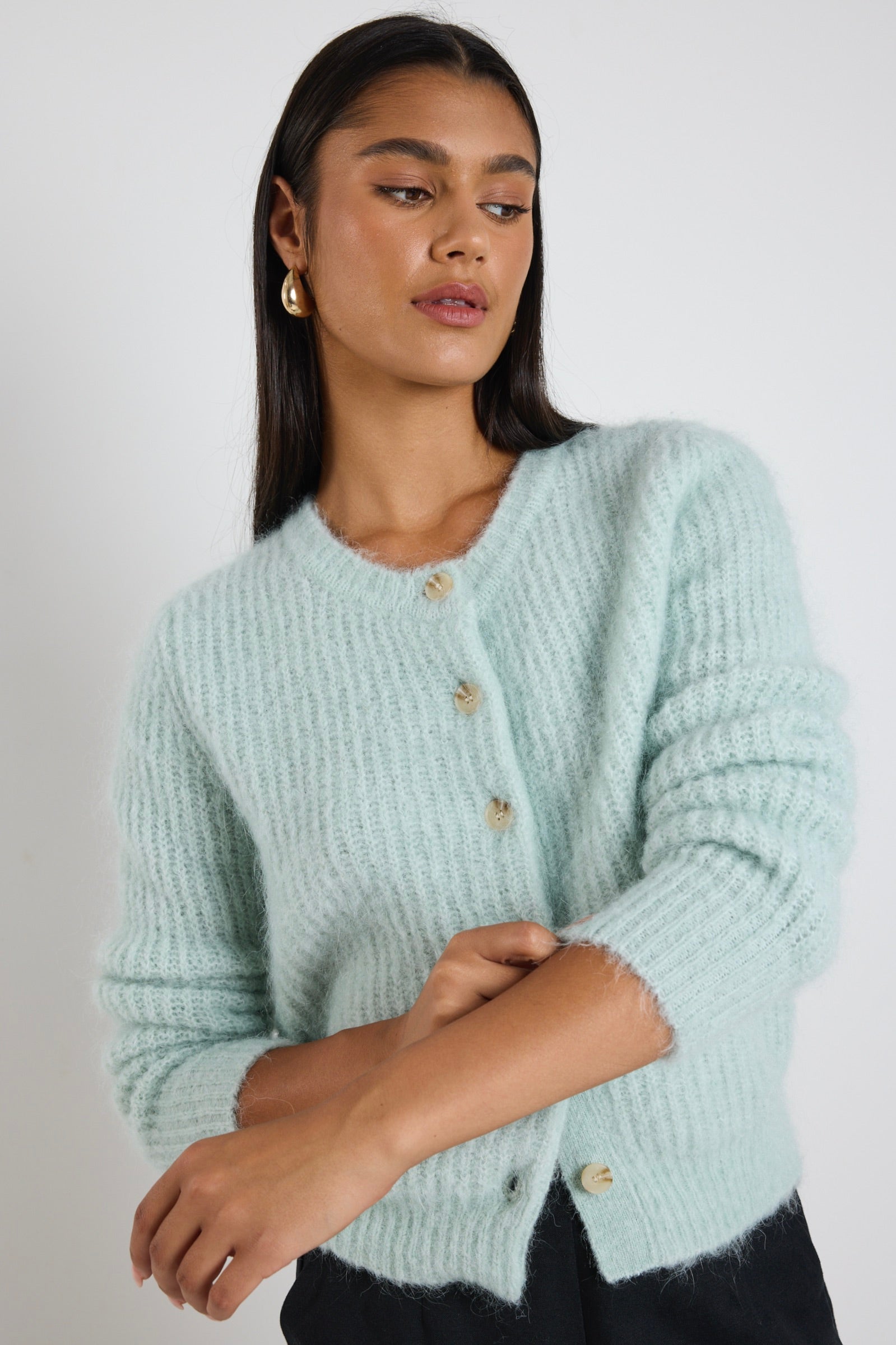 Stylish Compound Sea Foam Mohair Blend Crewneck Cardigan - Soft Chunky Knit Sweater for Women | Perfect for Fall & Winter Layering, Casual Outfits, and Cozy Home Wear