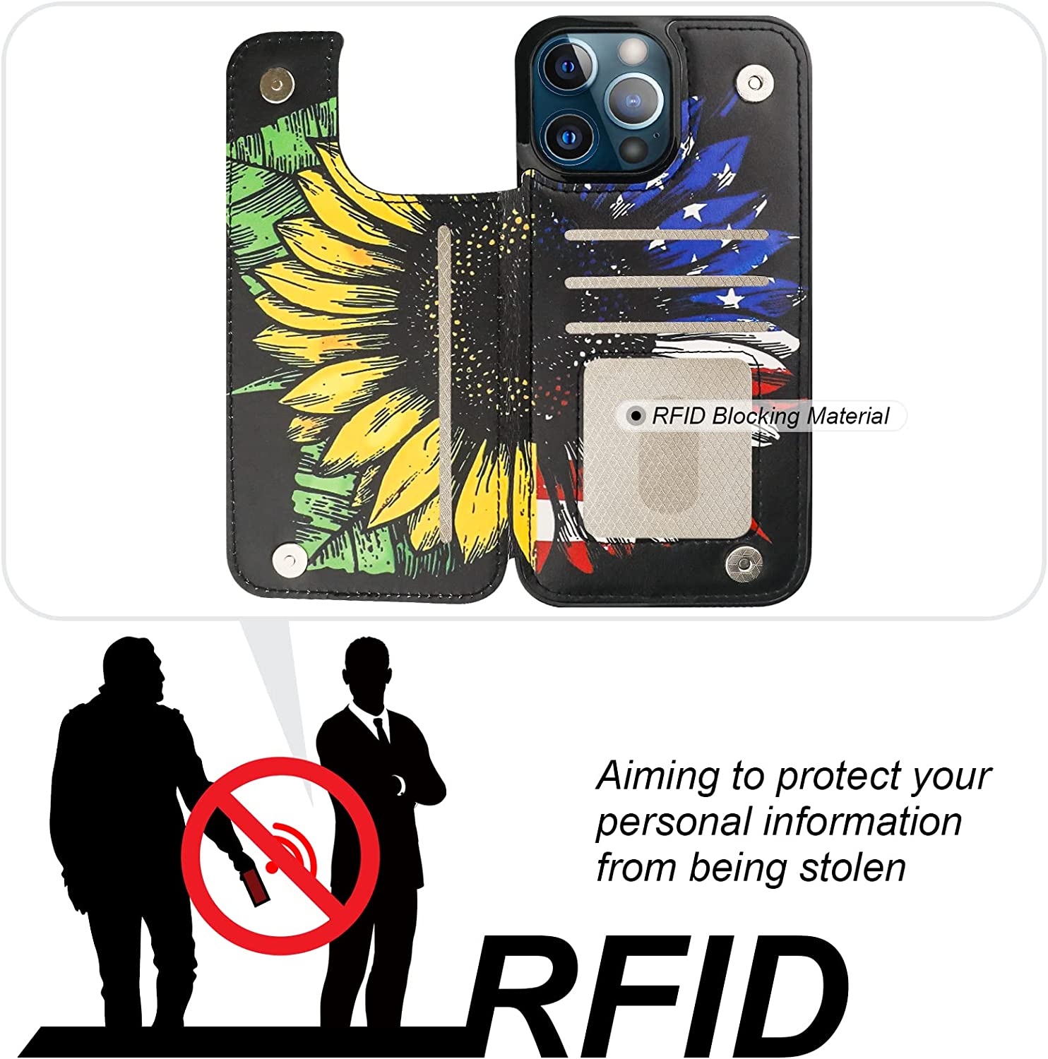 iPhone 13 Pro Max Wallet Case with American Flag & Sunflowers Design - Shockproof Protective Cover for Everyday Use, Travel & Outdoor Activities