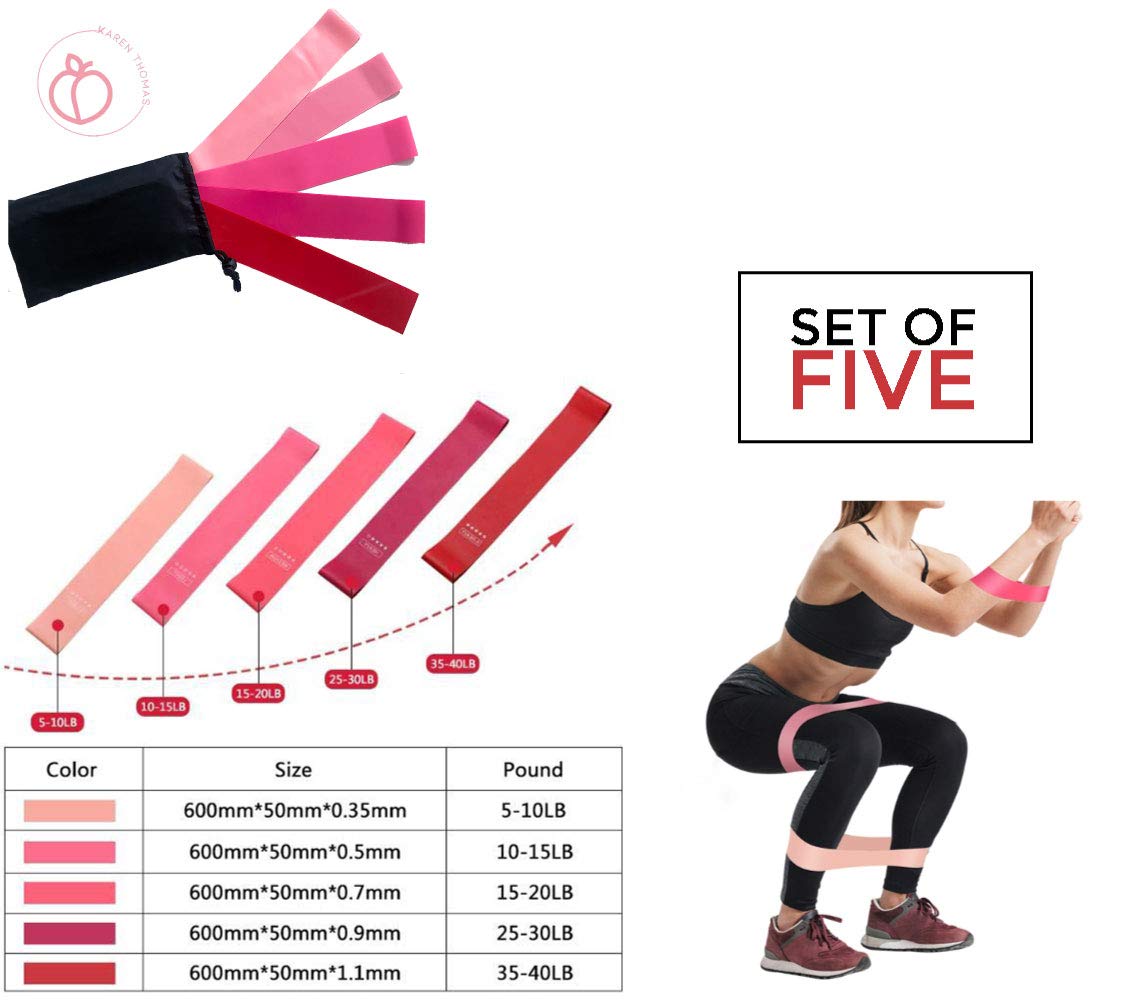 5 Pack Non-Slip Resistance Booty Bands with Travel Pouch - Premium Barre Exercise Bands for Legs & Glute Workouts - Home Fitness, Squats, Yoga, Pilates & Physical Therapy - Perfect for Women's Workout, Gym & Stretching Routines (Ideal for Home Exercise, Studio Training & Physical Rehabilitation)