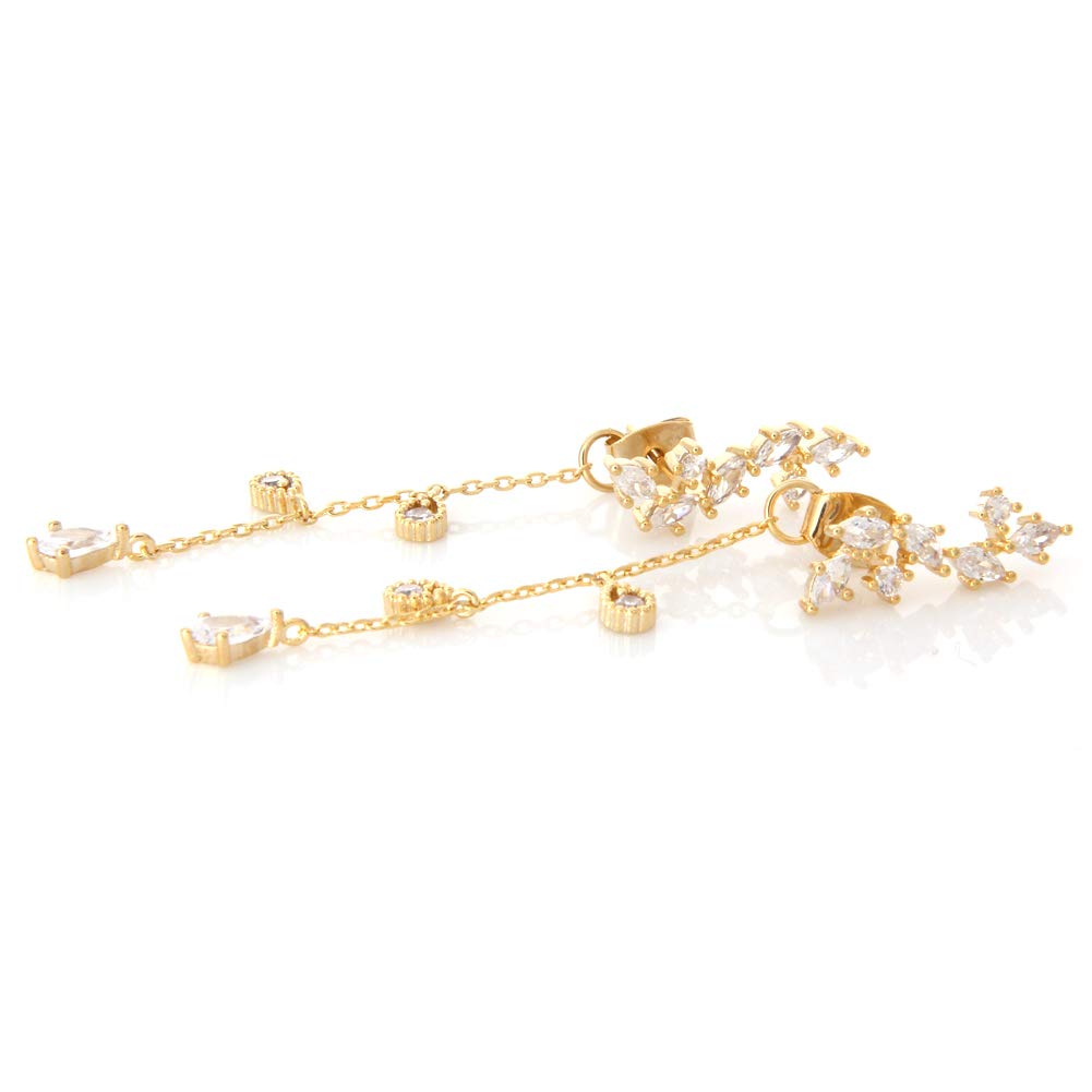 CZ Leaf Wrap Earrings for Women - Teardrop Crystal Threader Chain for Party & Wedding